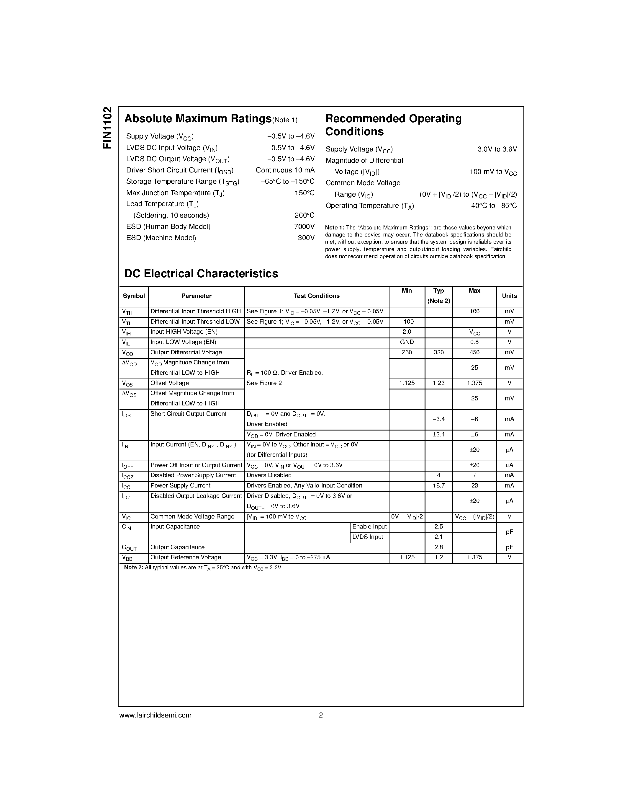 Даташит FIN1102MTC - LVDS 2 Port High Speed Repeater страница 2