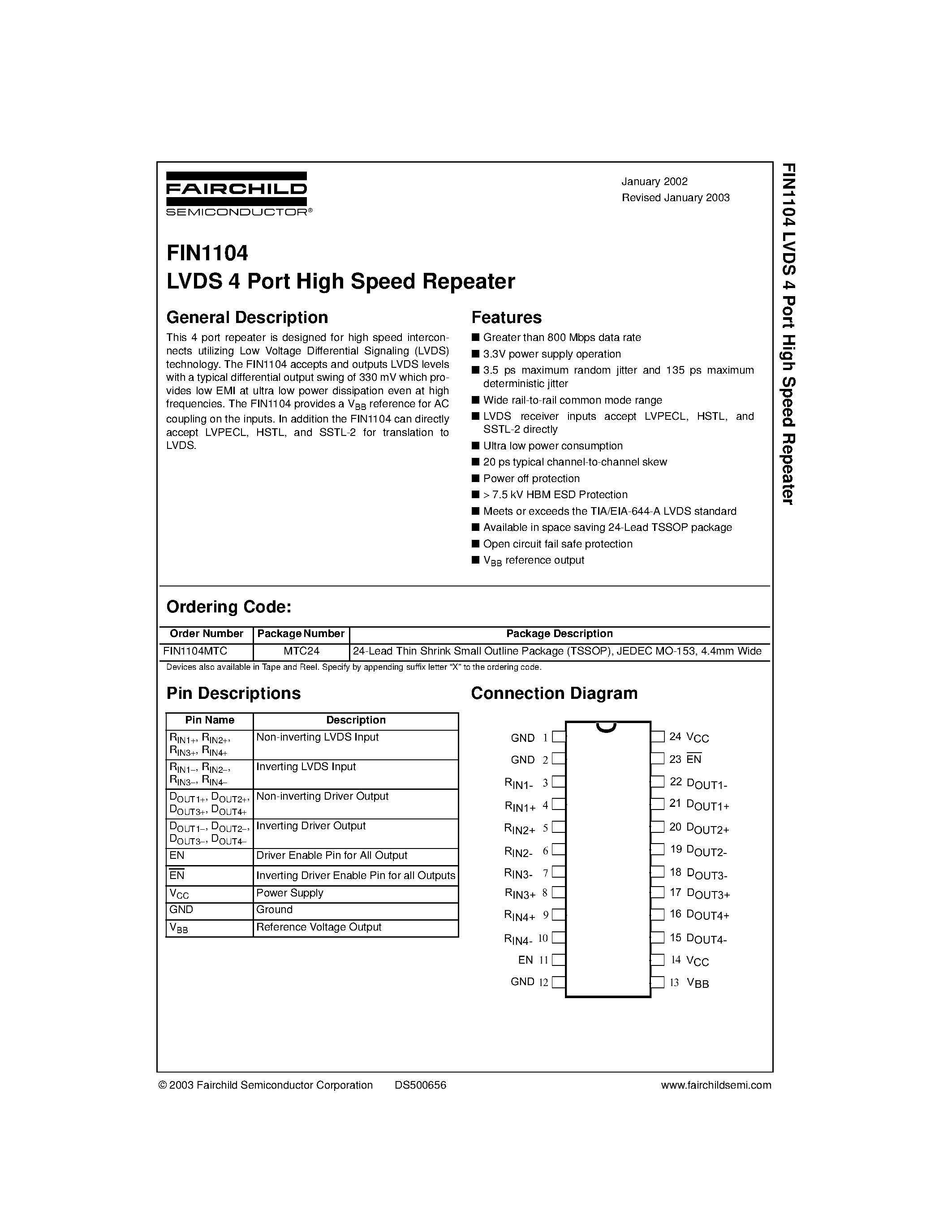 Даташит на микросхему FIN1104MTC страница 1 Даташит FIN1104MTC - LVDS 4 Port High Speed Repeater страница 1