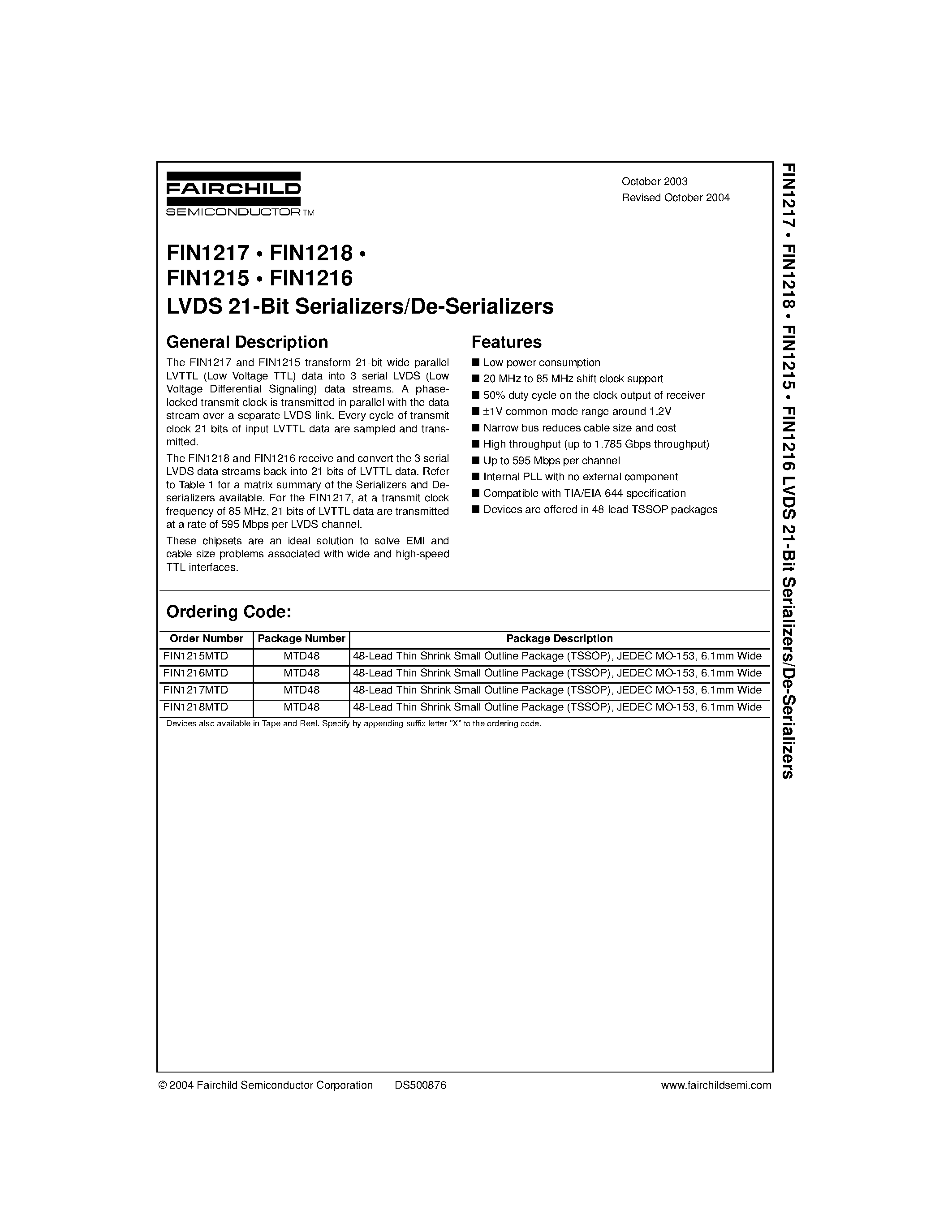 Datasheet FIN1215MTD - LVDS 21-Bit Serializers/De-Serializers page 1