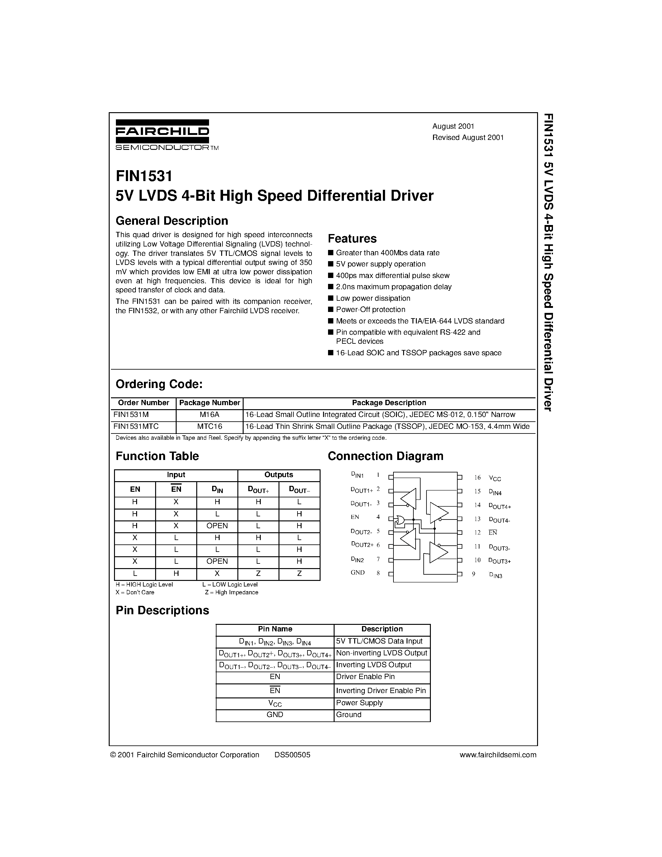 Datasheet FIN1531MTC page 1 Datasheet FIN1531MTC - 5V LVDS 4-Bit High Speed Differential Driver page 1