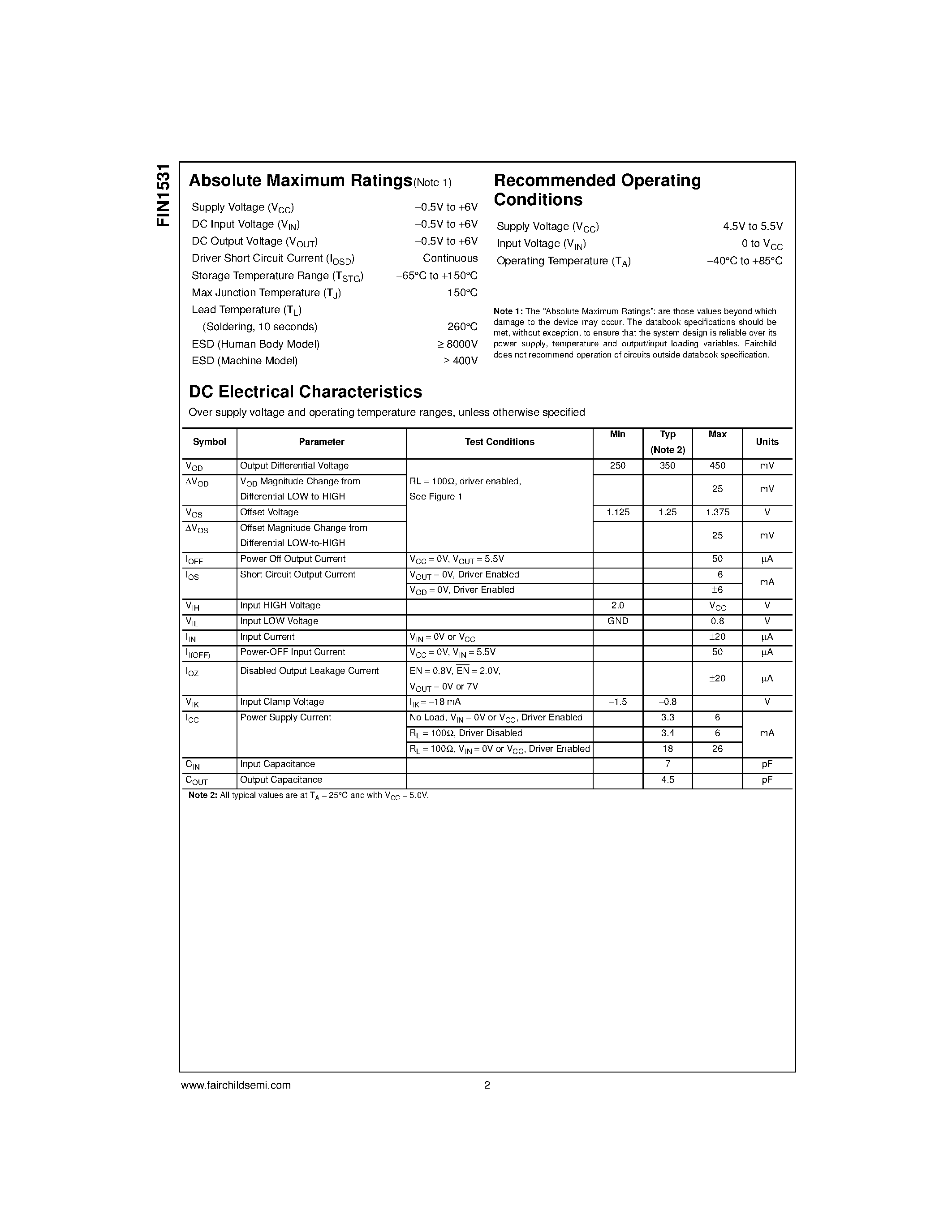 Datasheet FIN1531MTC page 2 Datasheet FIN1531MTC - 5V LVDS 4-Bit High Speed Differential Driver page 2