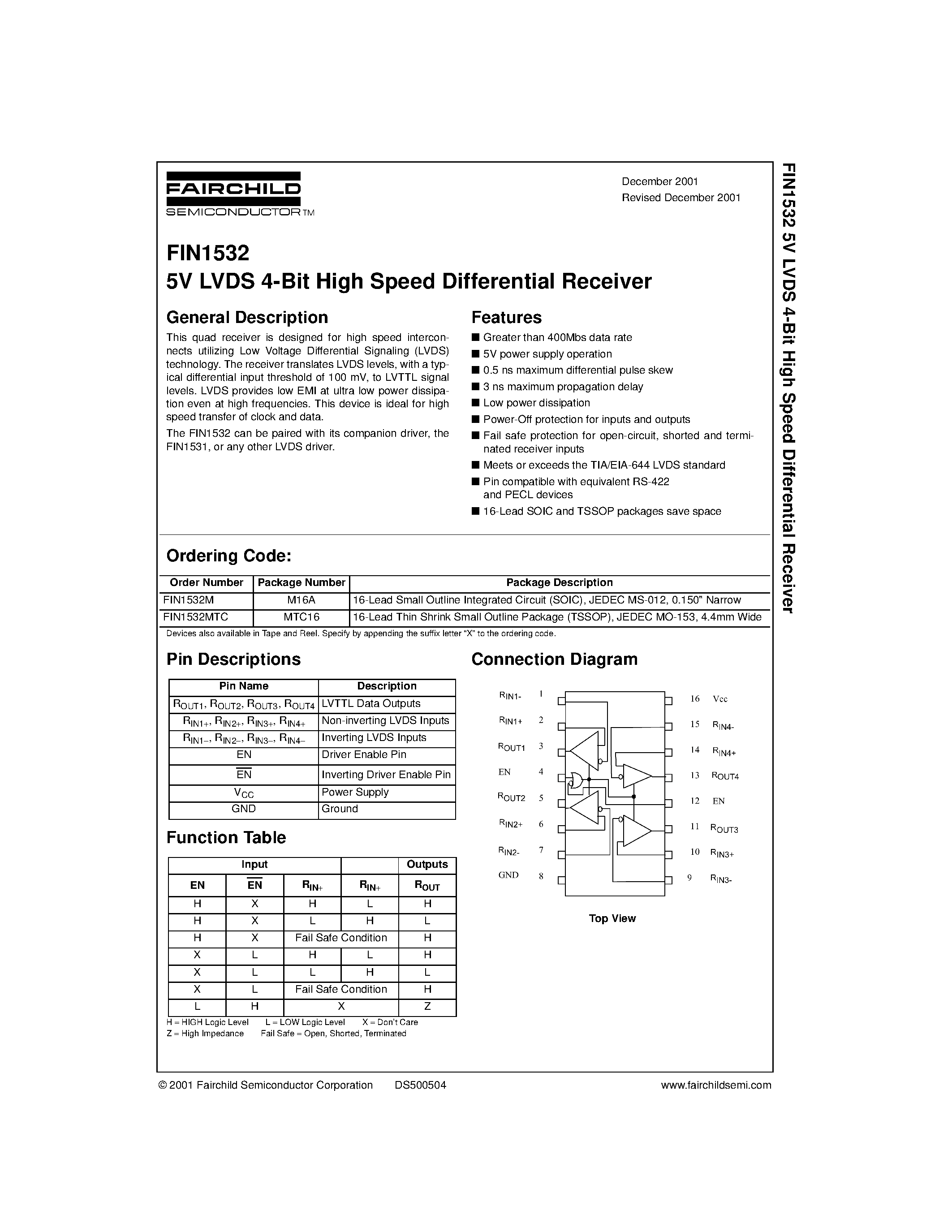 Даташит на микросхему FIN1532M страница 1 Даташит FIN1532M - 5V LVDS 4-Bit High Speed Differential Receiver страница 1