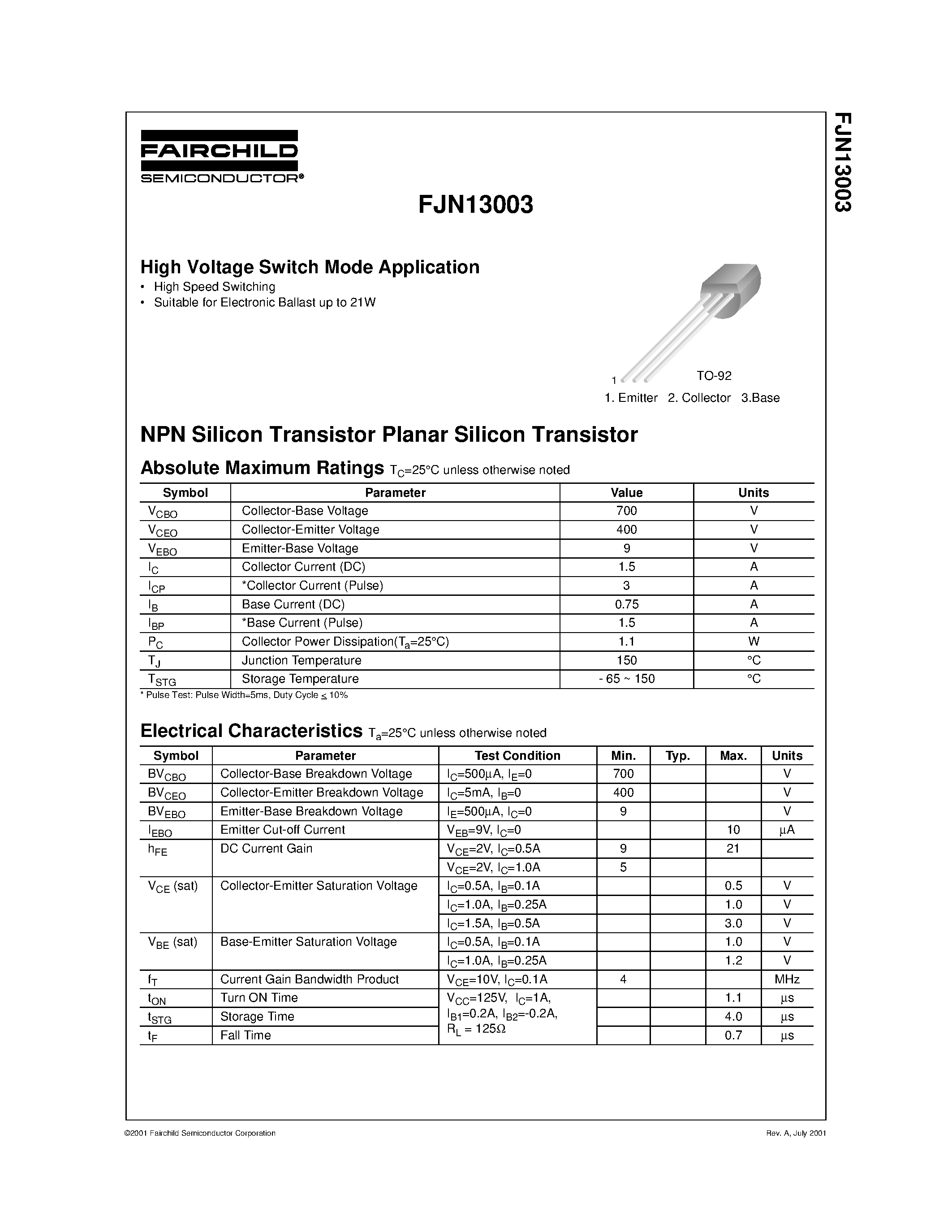 Datasheet FJN13003 - NPN Silicon Transistor Planar Silicon Transistor page 1