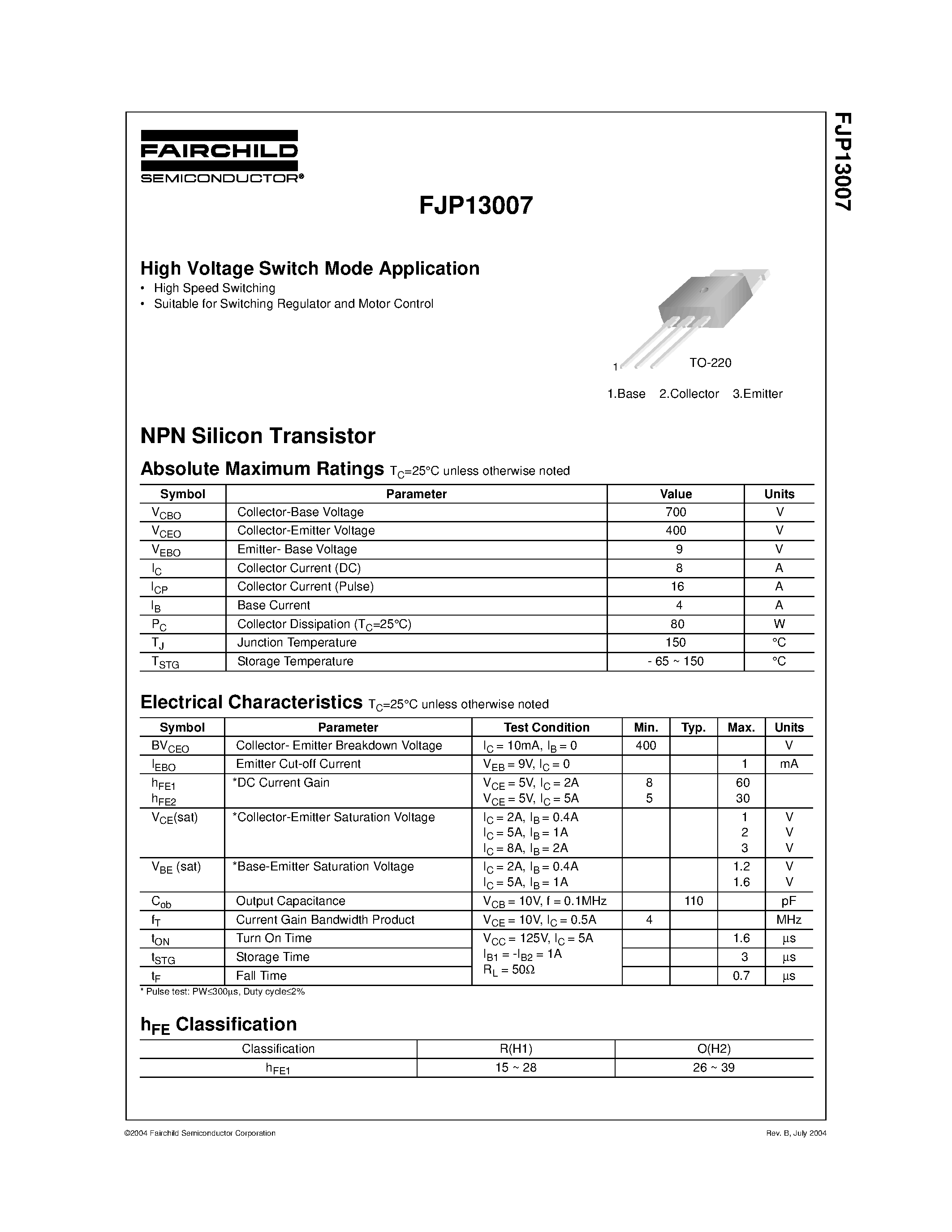 Даташит на микросхему FJP13007 страница 1 Даташит FJP13007 - High Voltage Switch Mode Application страница 1