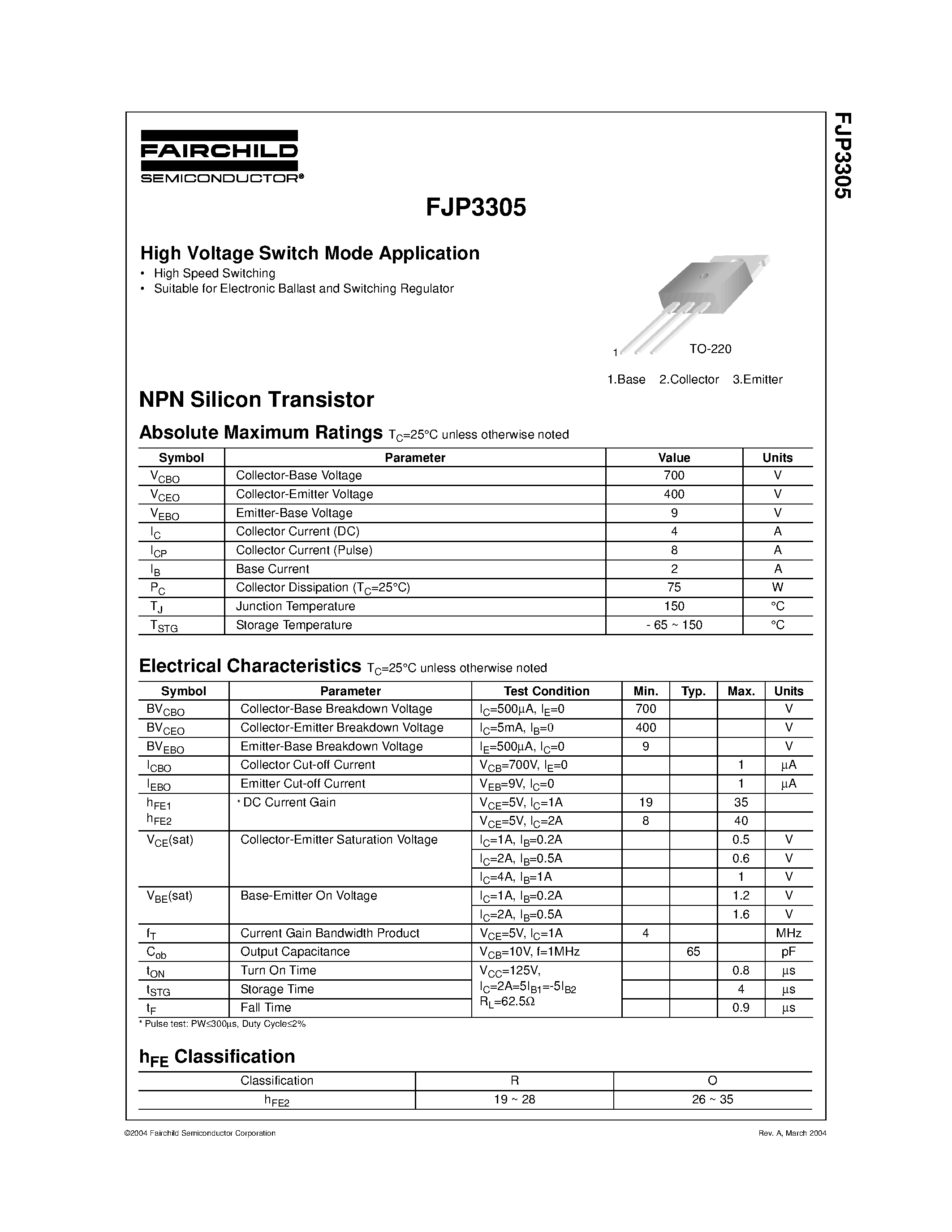 Даташит на микросхему FJP3305 страница 1 Даташит FJP3305 - High Voltage Switch Mode Application страница 1