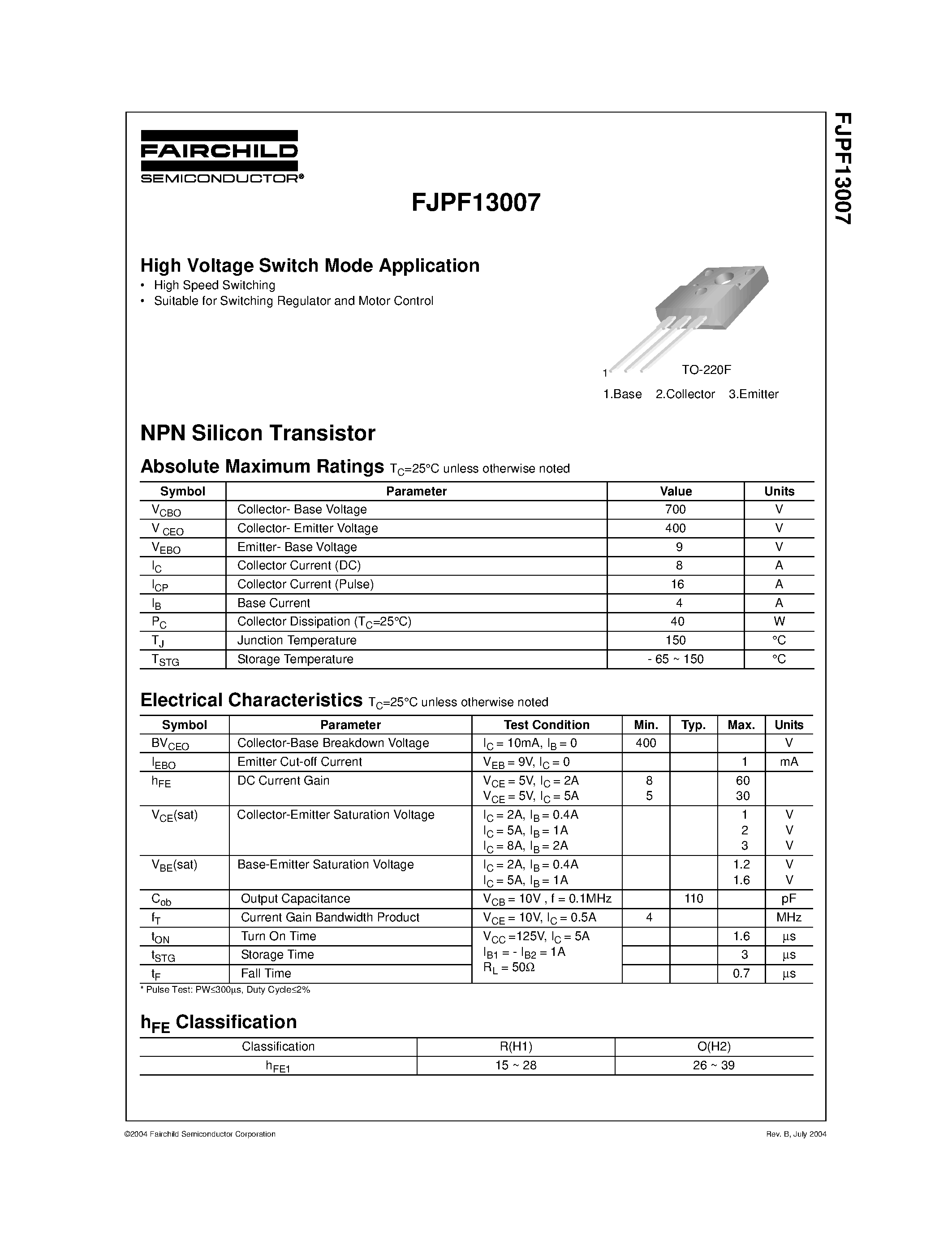 Даташит на микросхему FJPF13007 страница 1 Даташит FJPF13007 - High Voltage Switch Mode Application страница 1