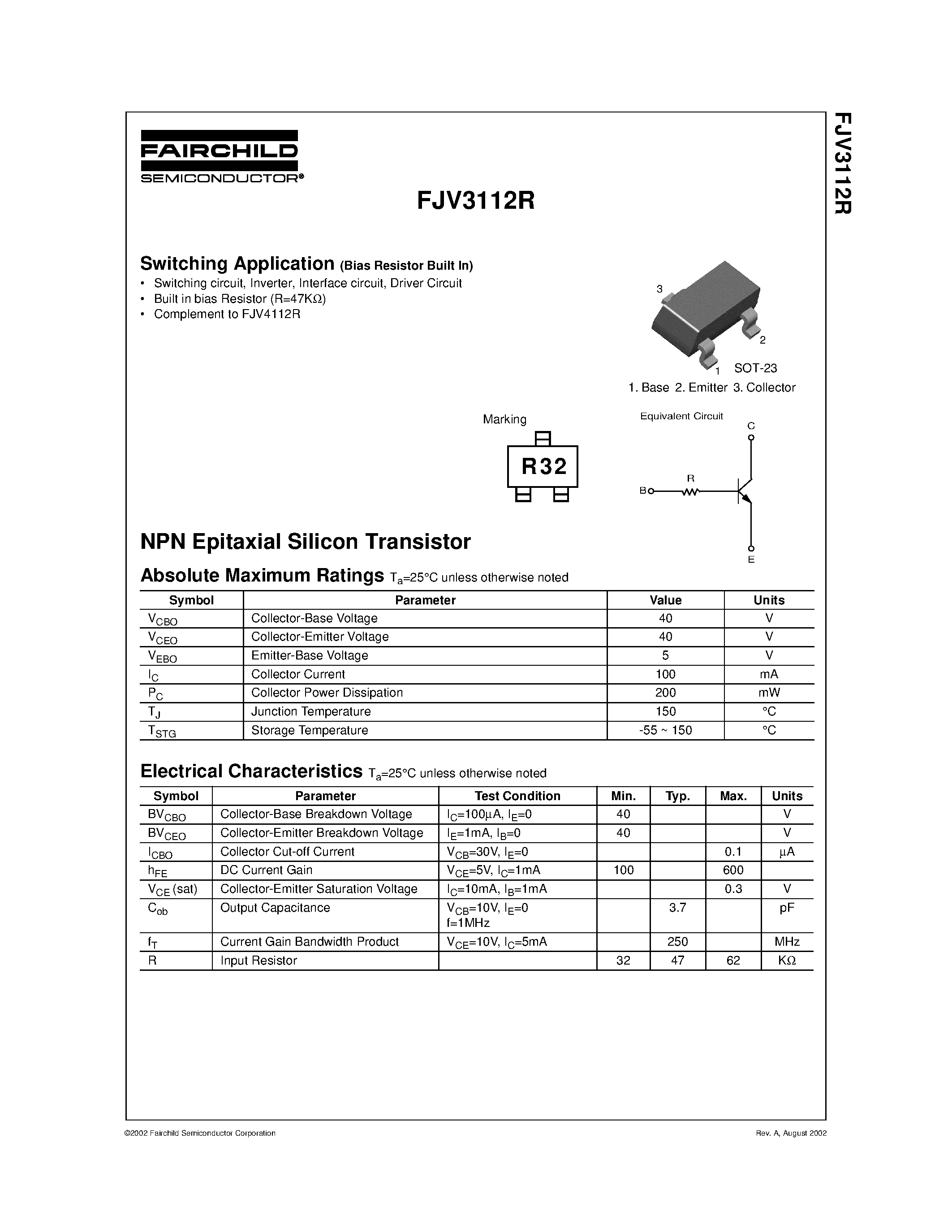 Даташит на микросхему FJV3112R страница 1 Даташит FJV3112R - NPN Epitaxial Silicon Transistor страница 1