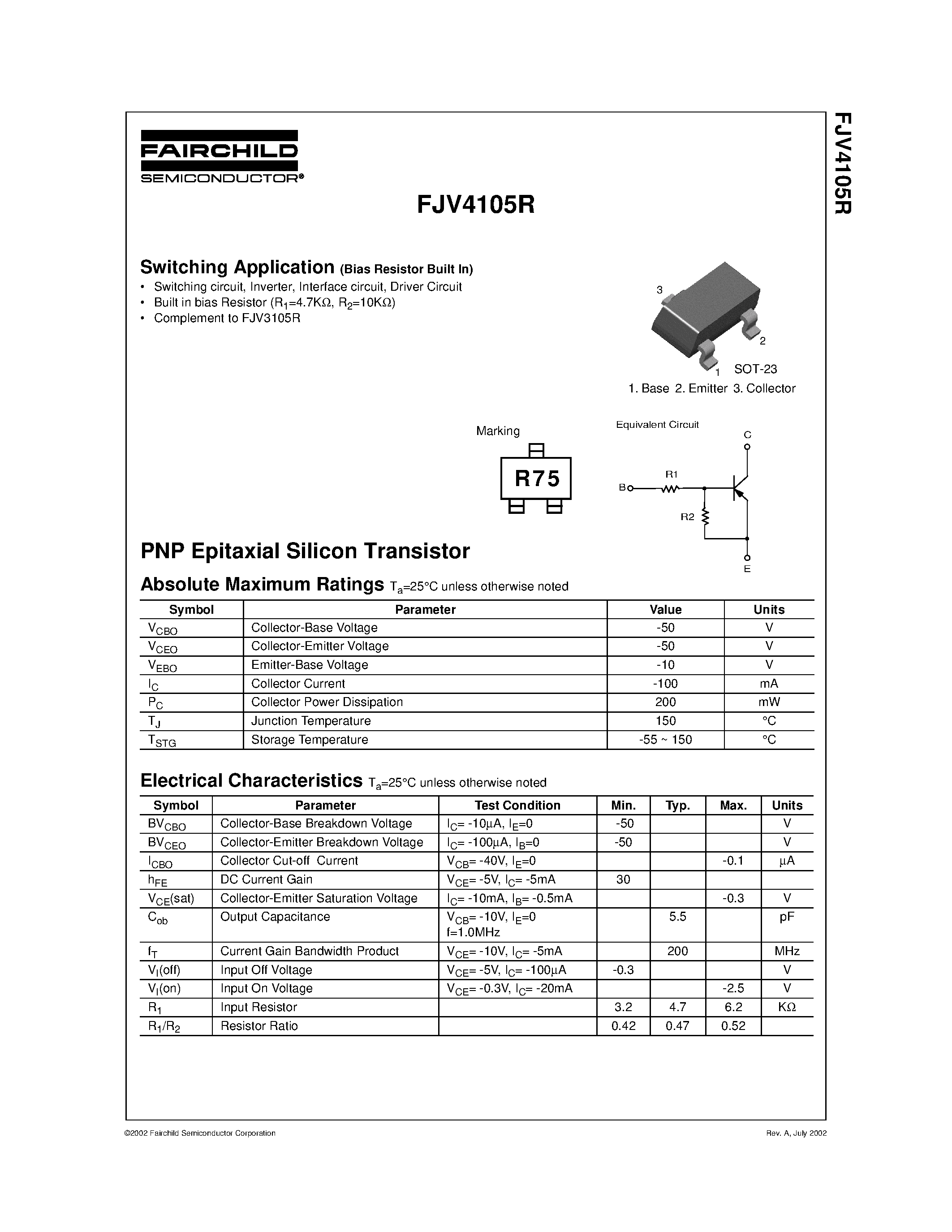 Даташит FJV4105R - PNP Epitaxial Silicon Transistor страница 1