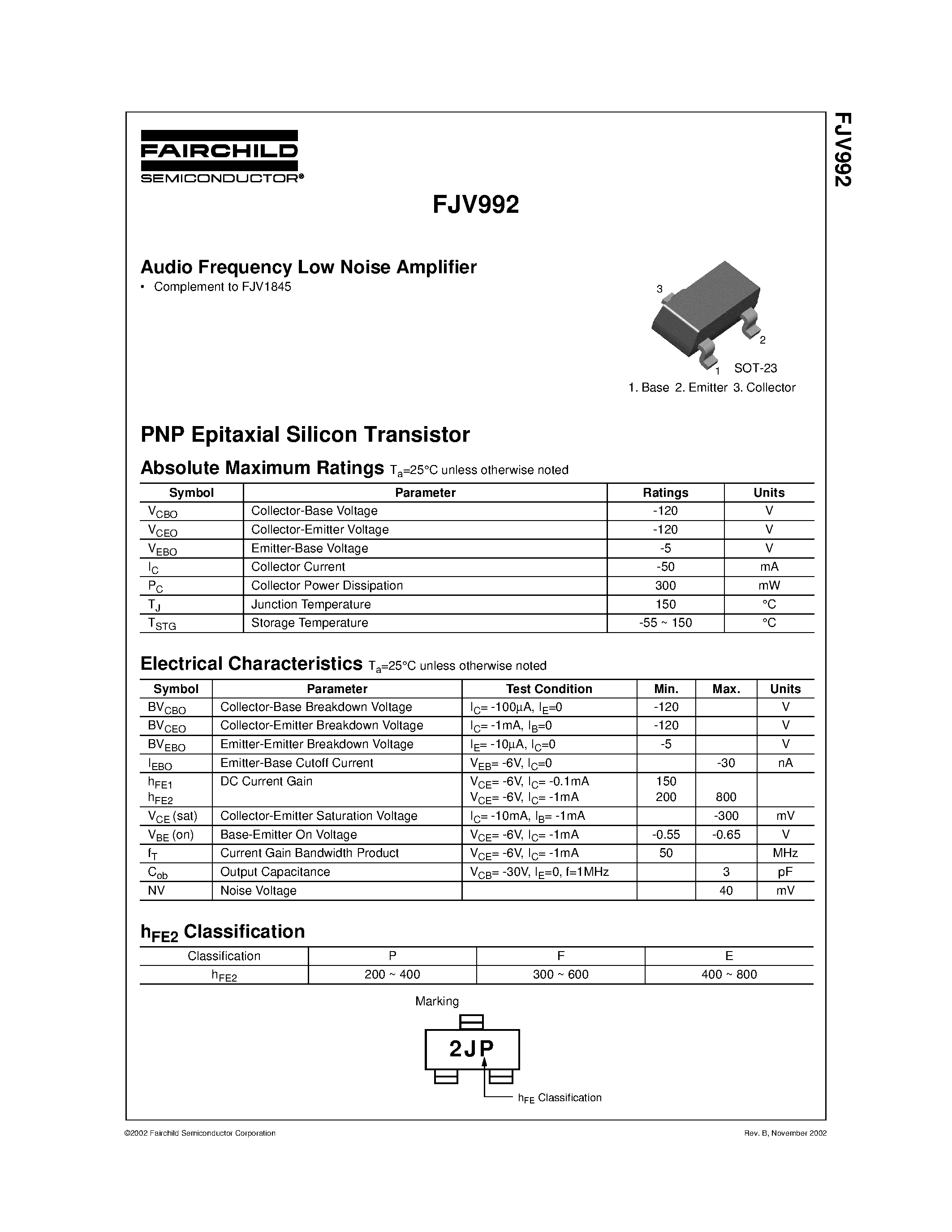 Даташит на микросхему FJV992 страница 1 Даташит FJV992 - Audio Frequency Low Noise Amplifier страница 1