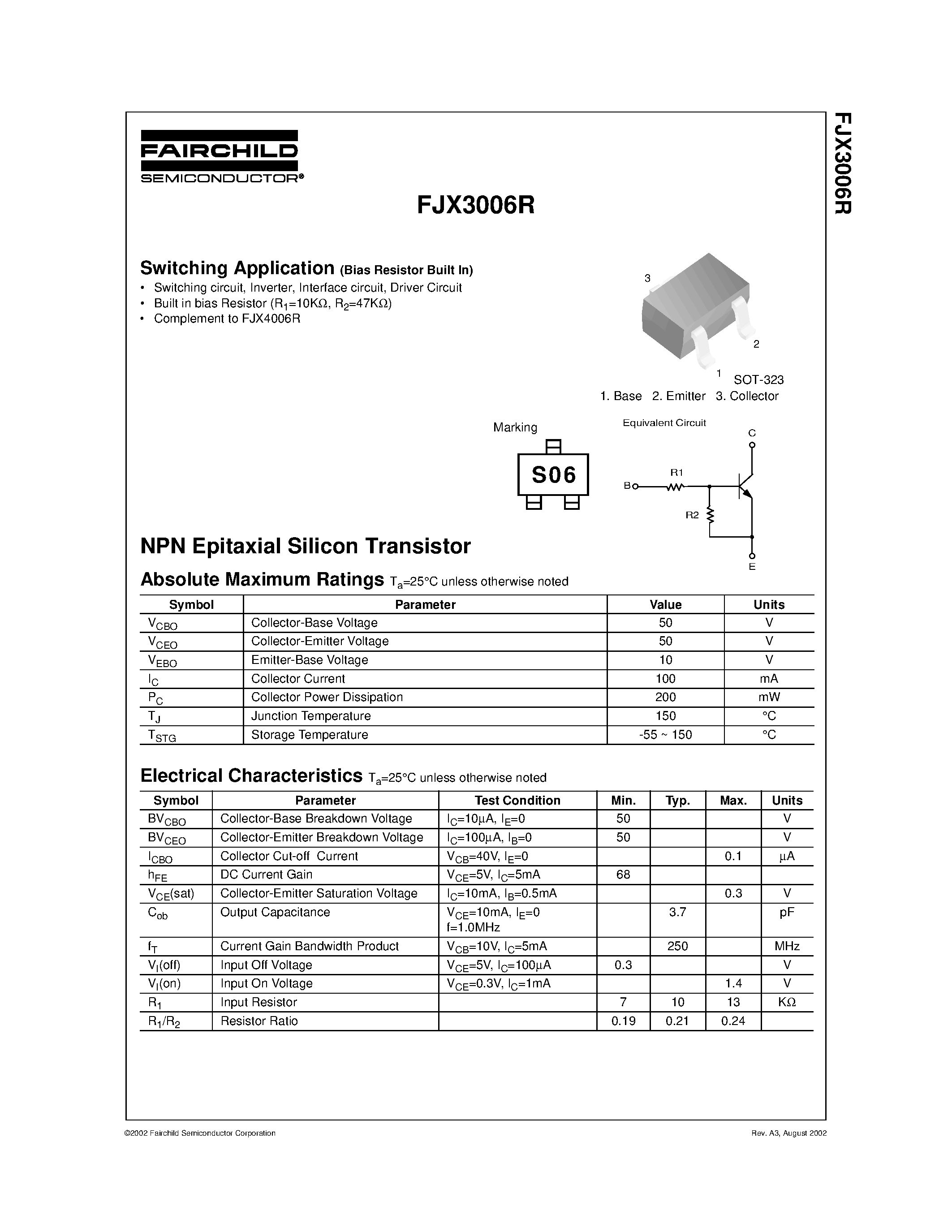 Даташит на микросхему FJX3006R страница 1 Даташит FJX3006R - Switching Application страница 1