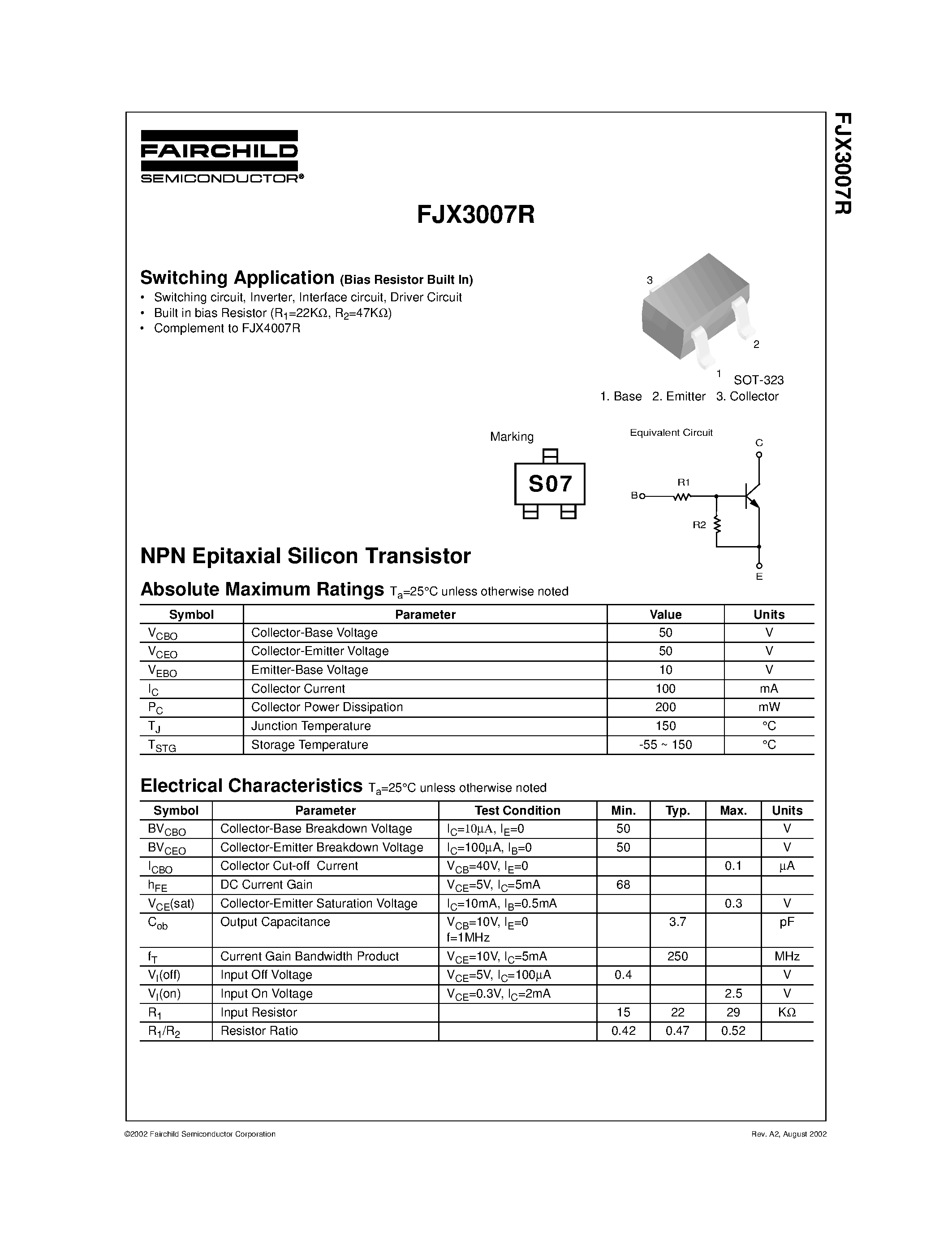 Даташит на микросхему FJX3007R страница 1 Даташит FJX3007R - Switching Application страница 1