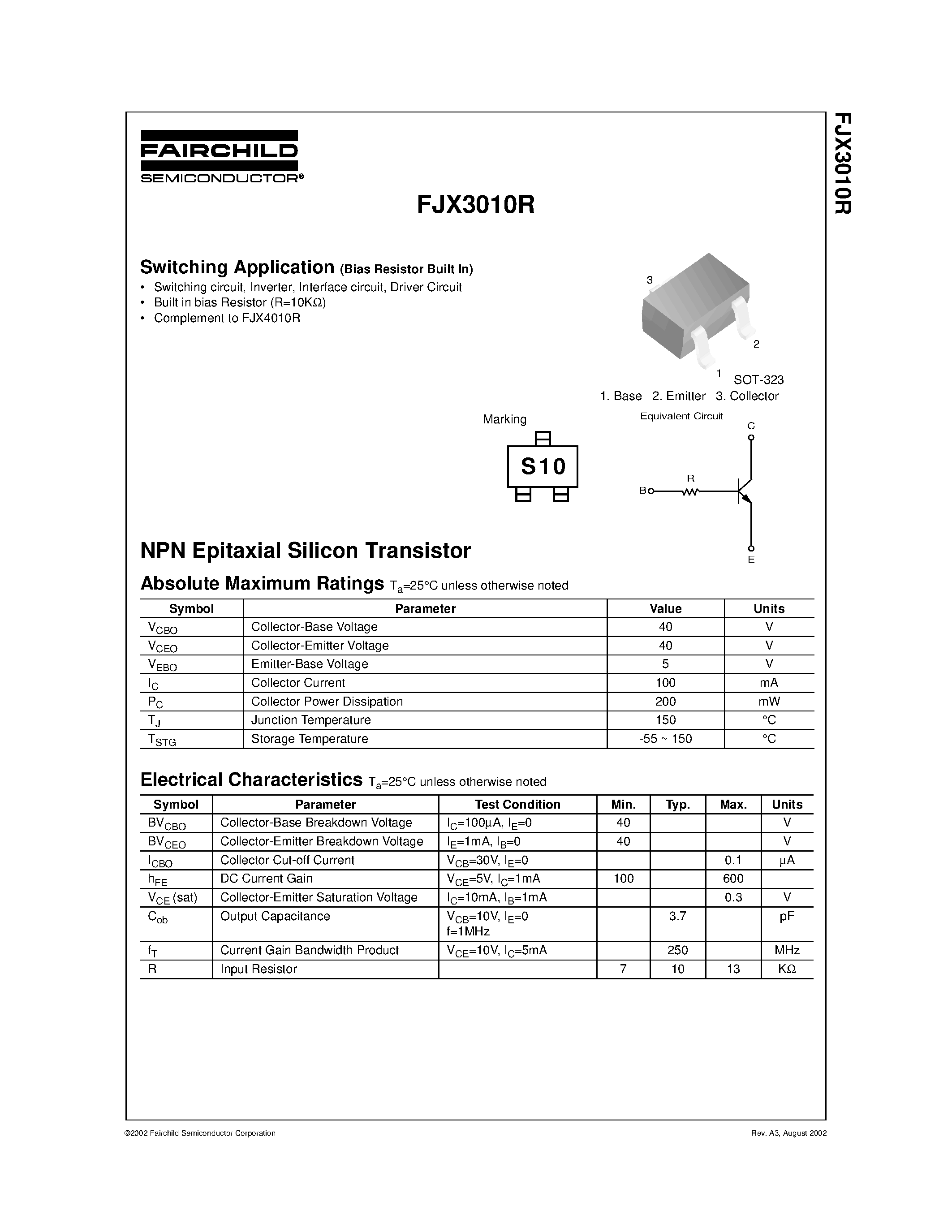 Даташит на микросхему FJX3010R страница 1 Даташит FJX3010R - Switching Application страница 1