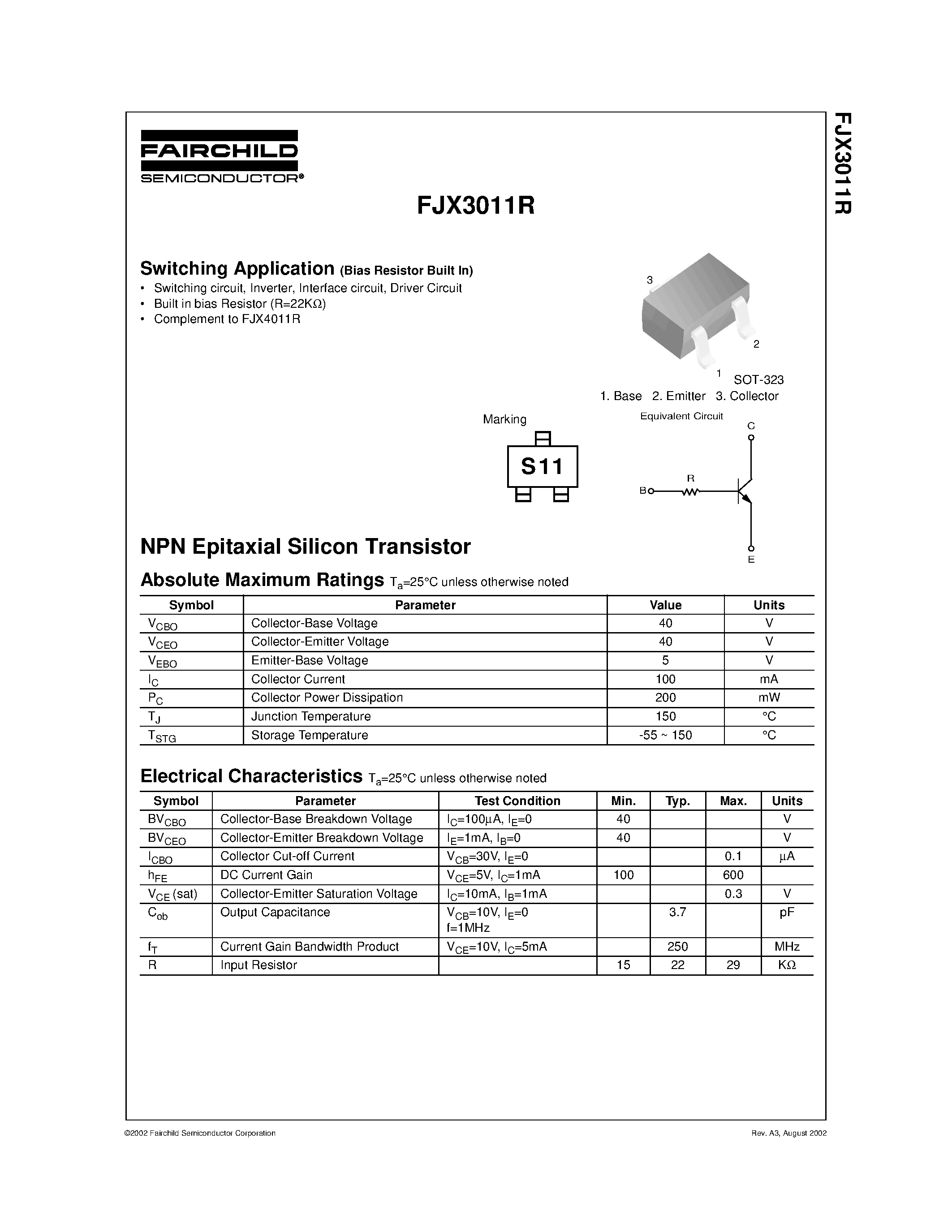 Даташит FJX3011R - Switching Application страница 1
