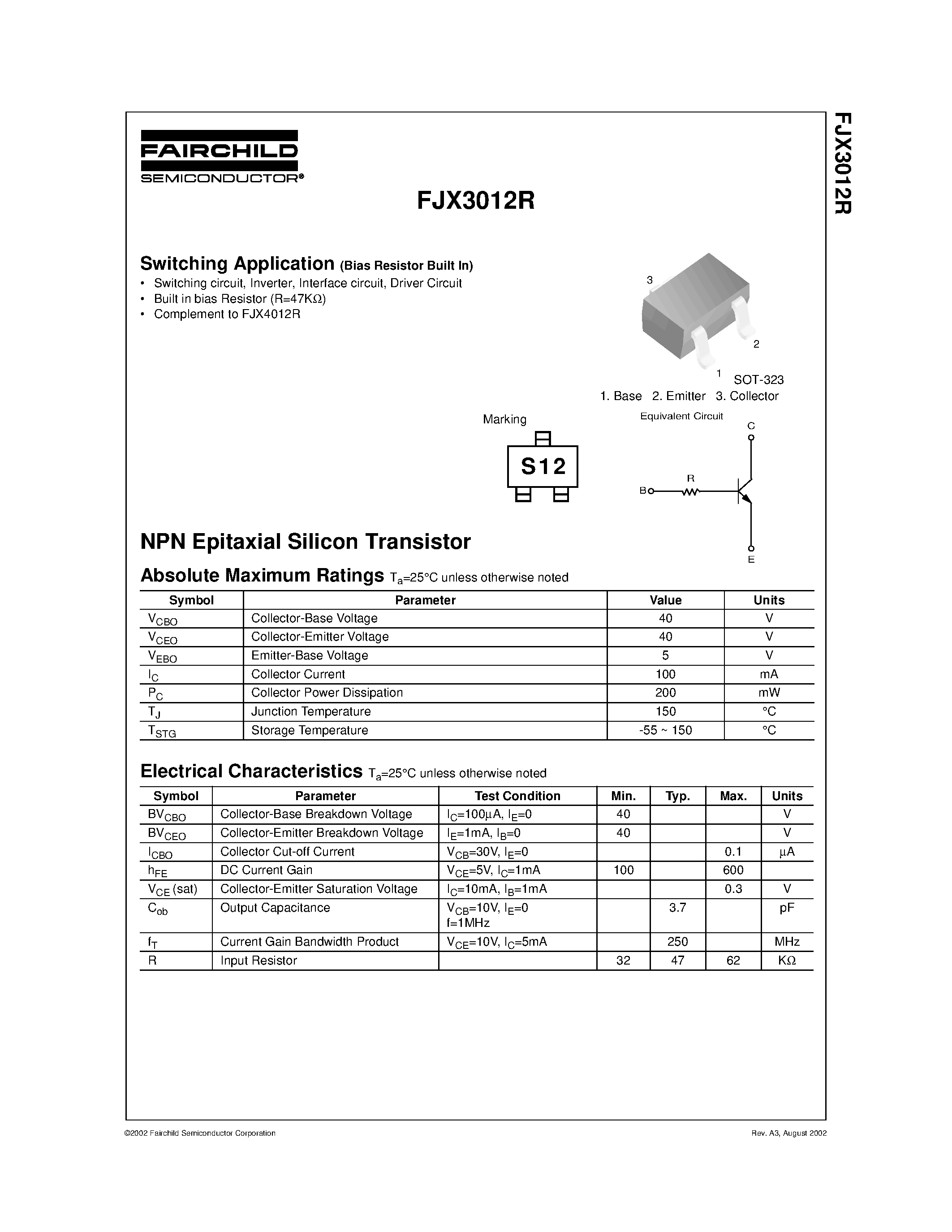 Даташит FJX3012R - Switching Application страница 1
