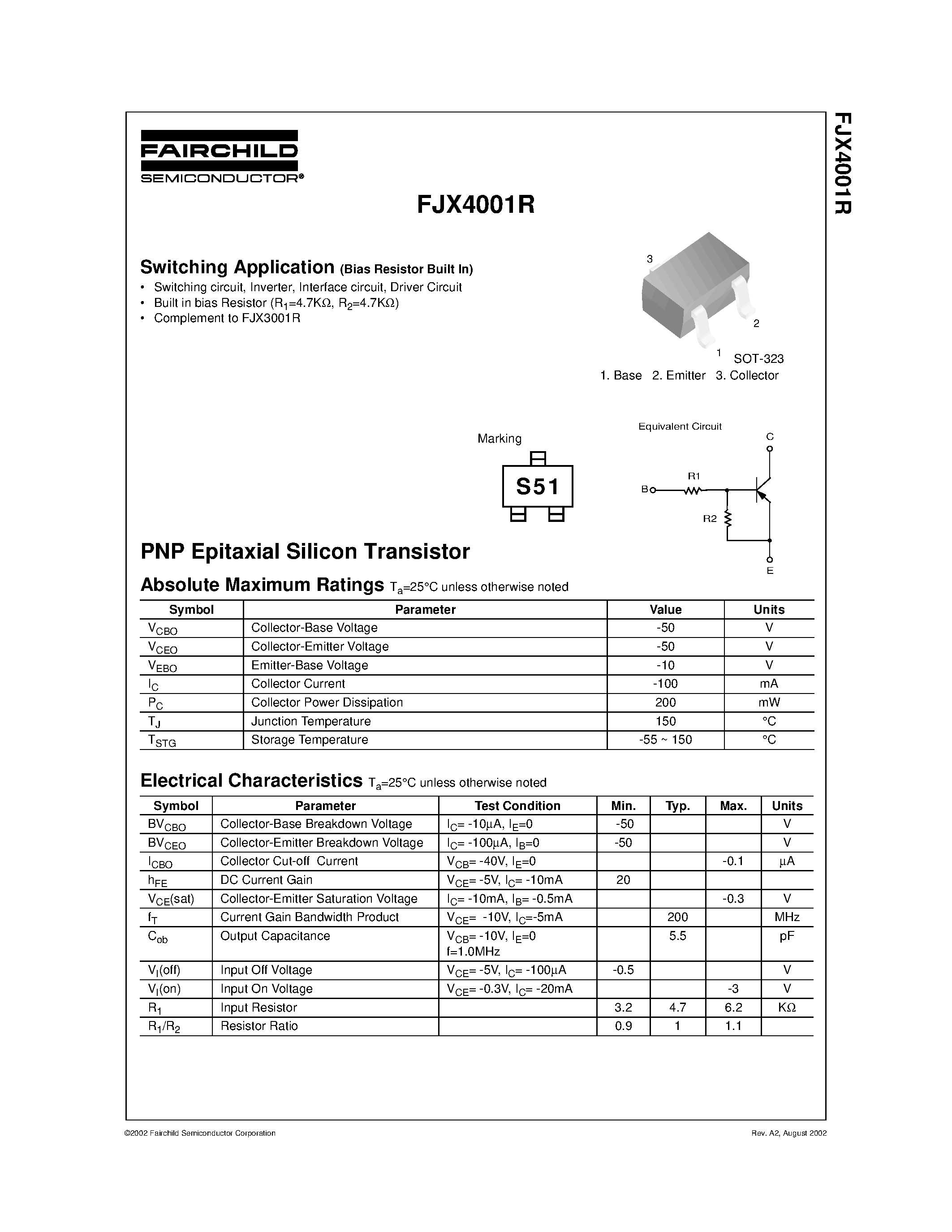 Даташит на микросхему FJX4001R страница 1 Даташит FJX4001R - Switching Application страница 1