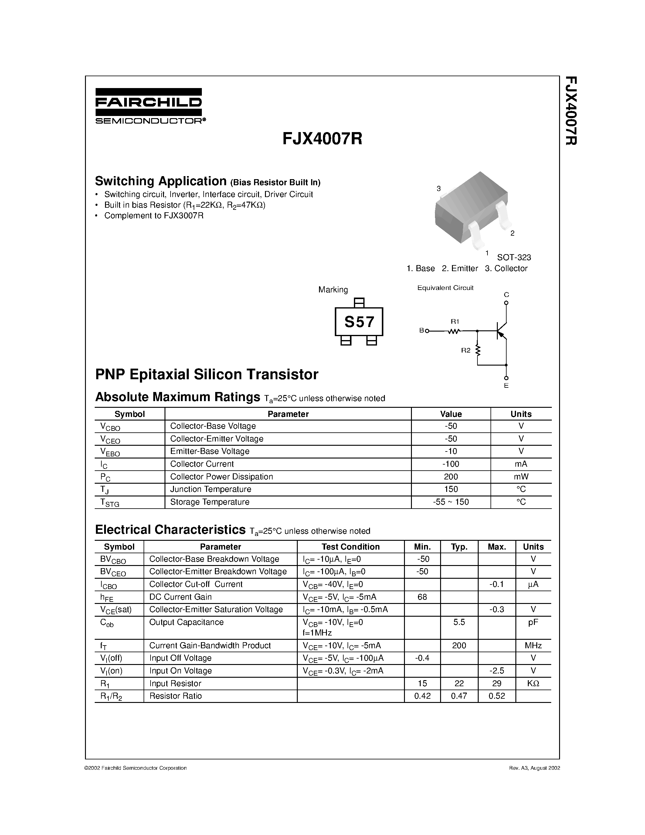 Даташит на микросхему FJX4007R страница 1 Даташит FJX4007R - Switching Application страница 1