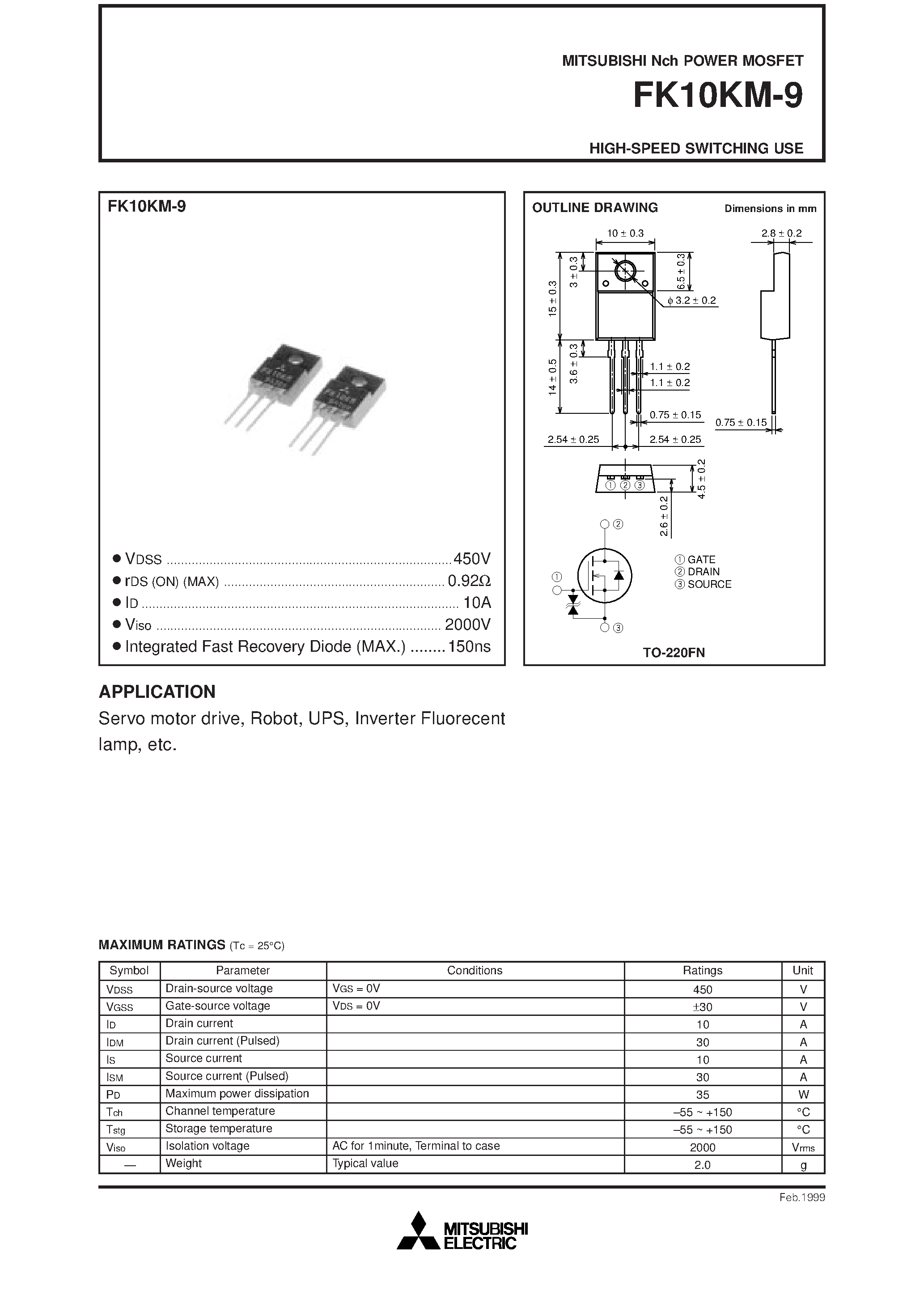 Даташит FK10KM-9 - HIGH-SPEED SWITCHING USE страница 1