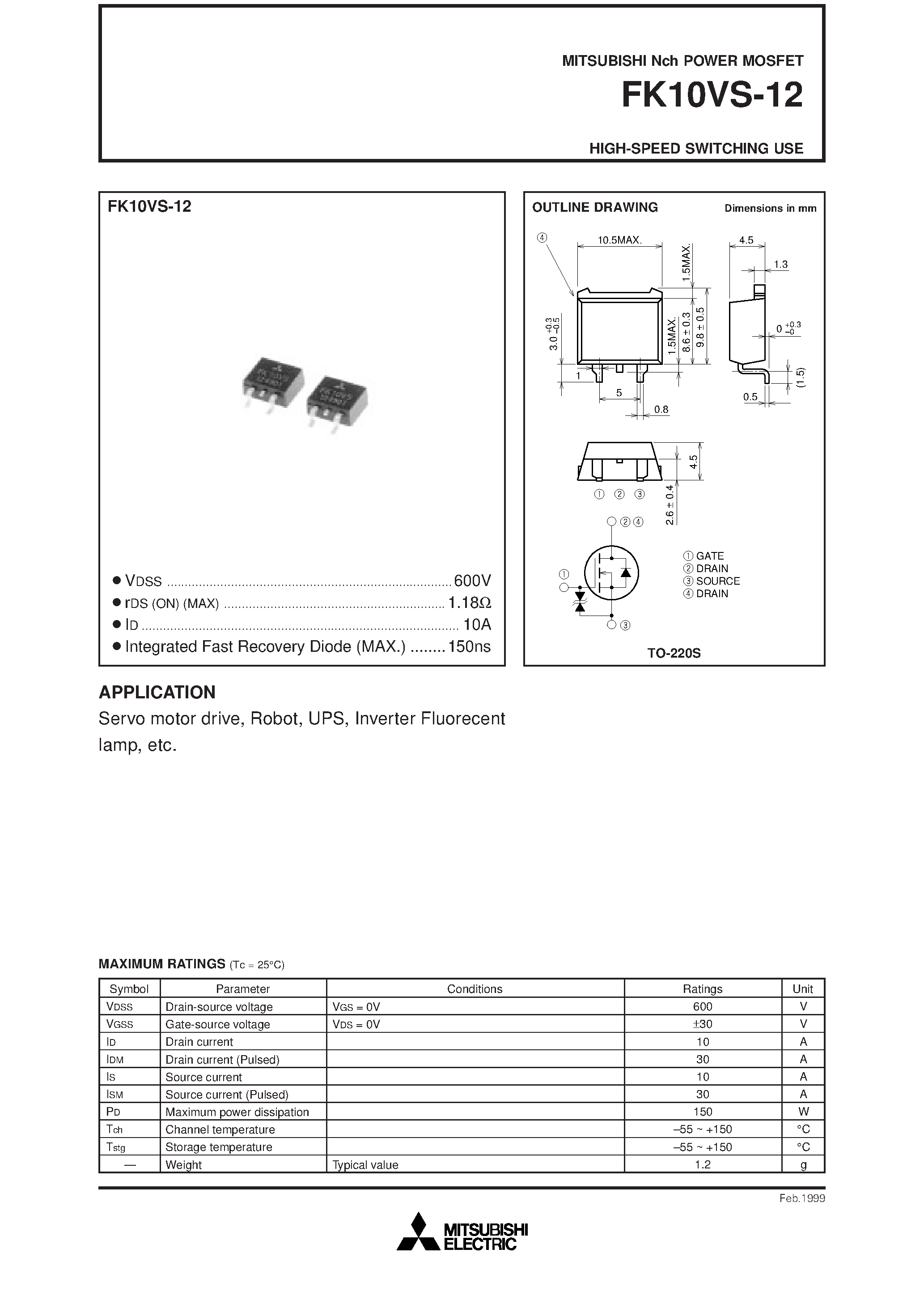 Даташит FK10VS-12 - HIGH-SPEED SWITCHING USE страница 1