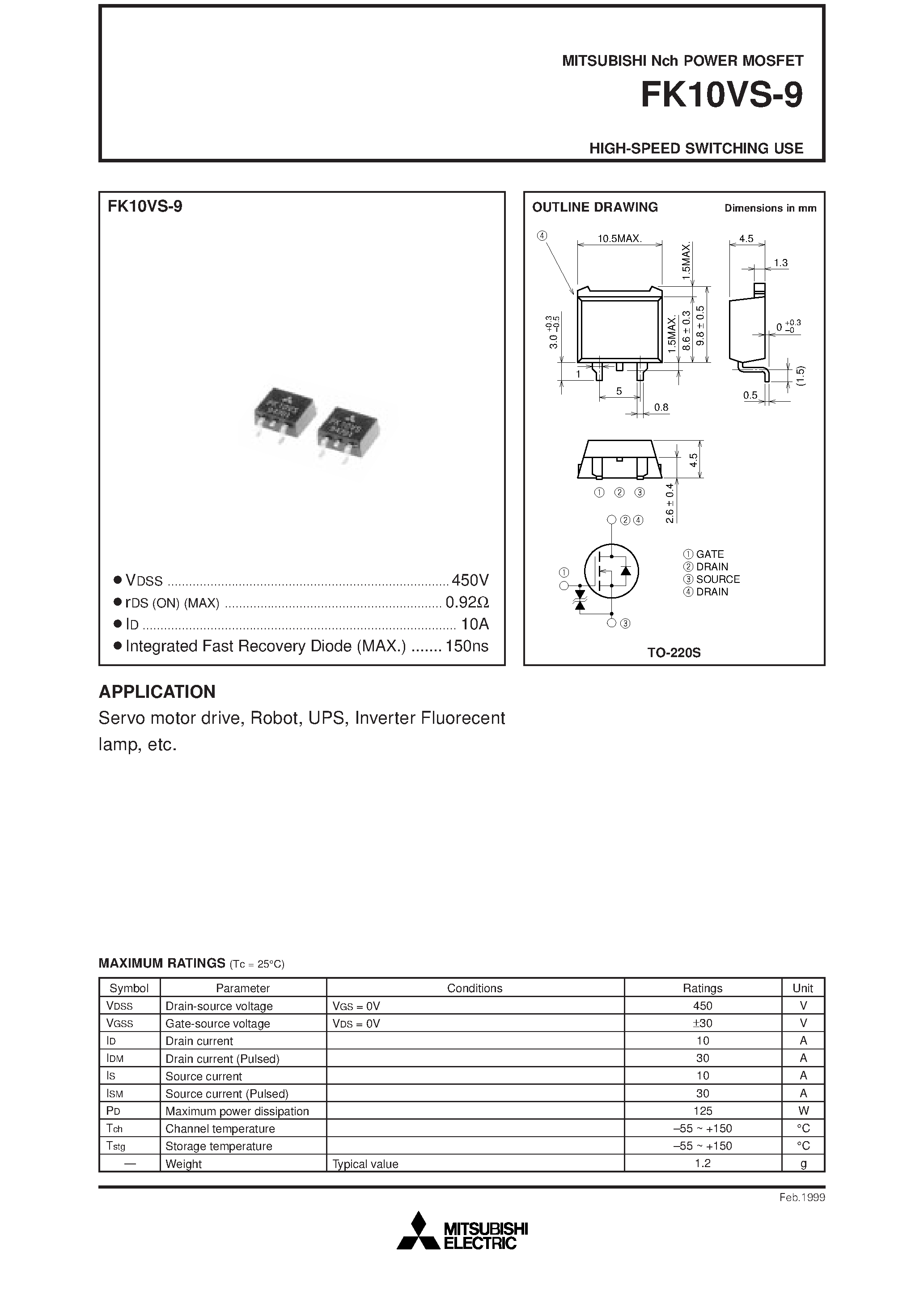 Даташит на микросхему FK10VS-9 страница 1 Даташит FK10VS-9 - HIGH-SPEED SWITCHING USE страница 1