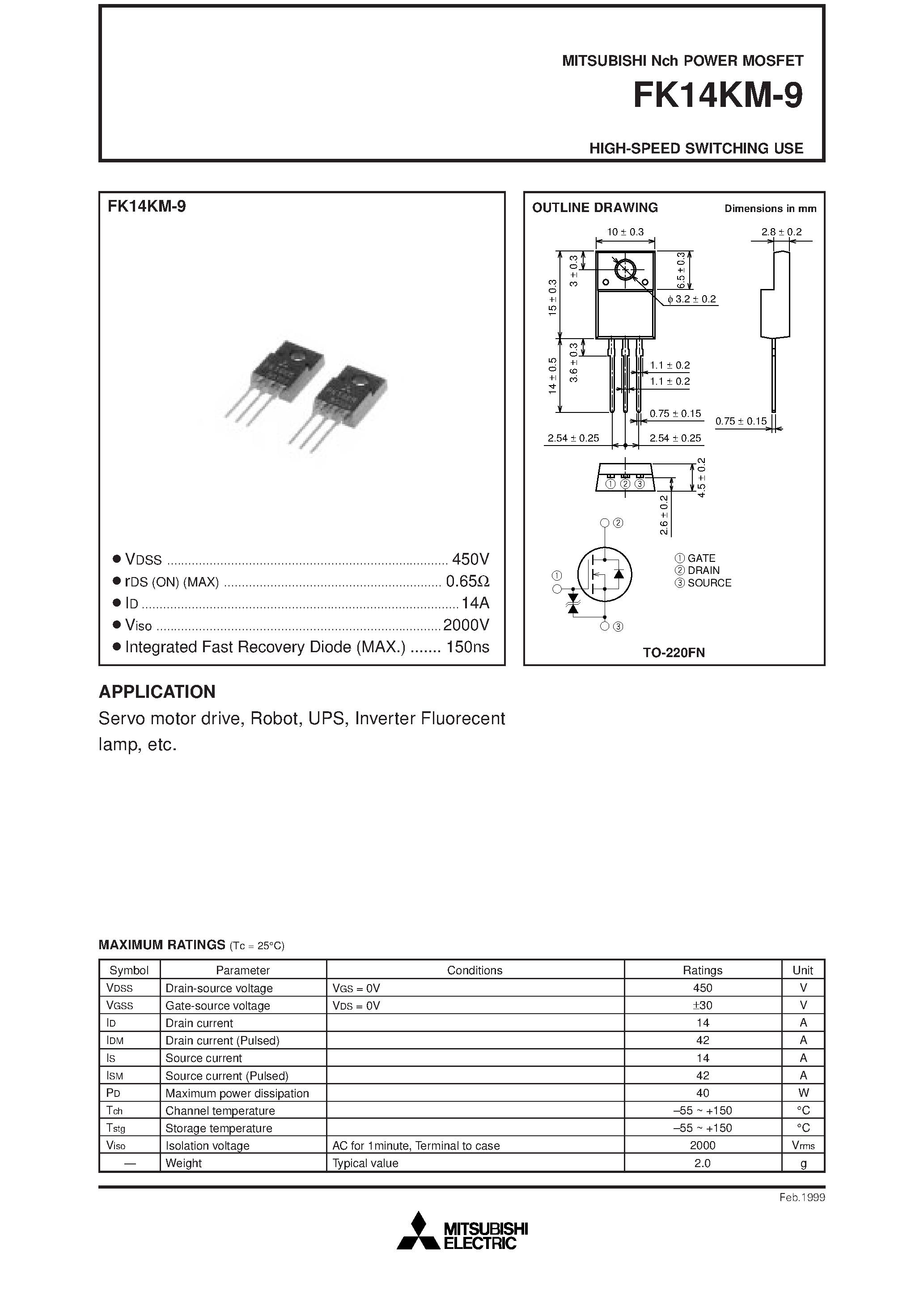 Даташит FK14KM-9 - HIGH-SPEED SWITCHING USE страница 1