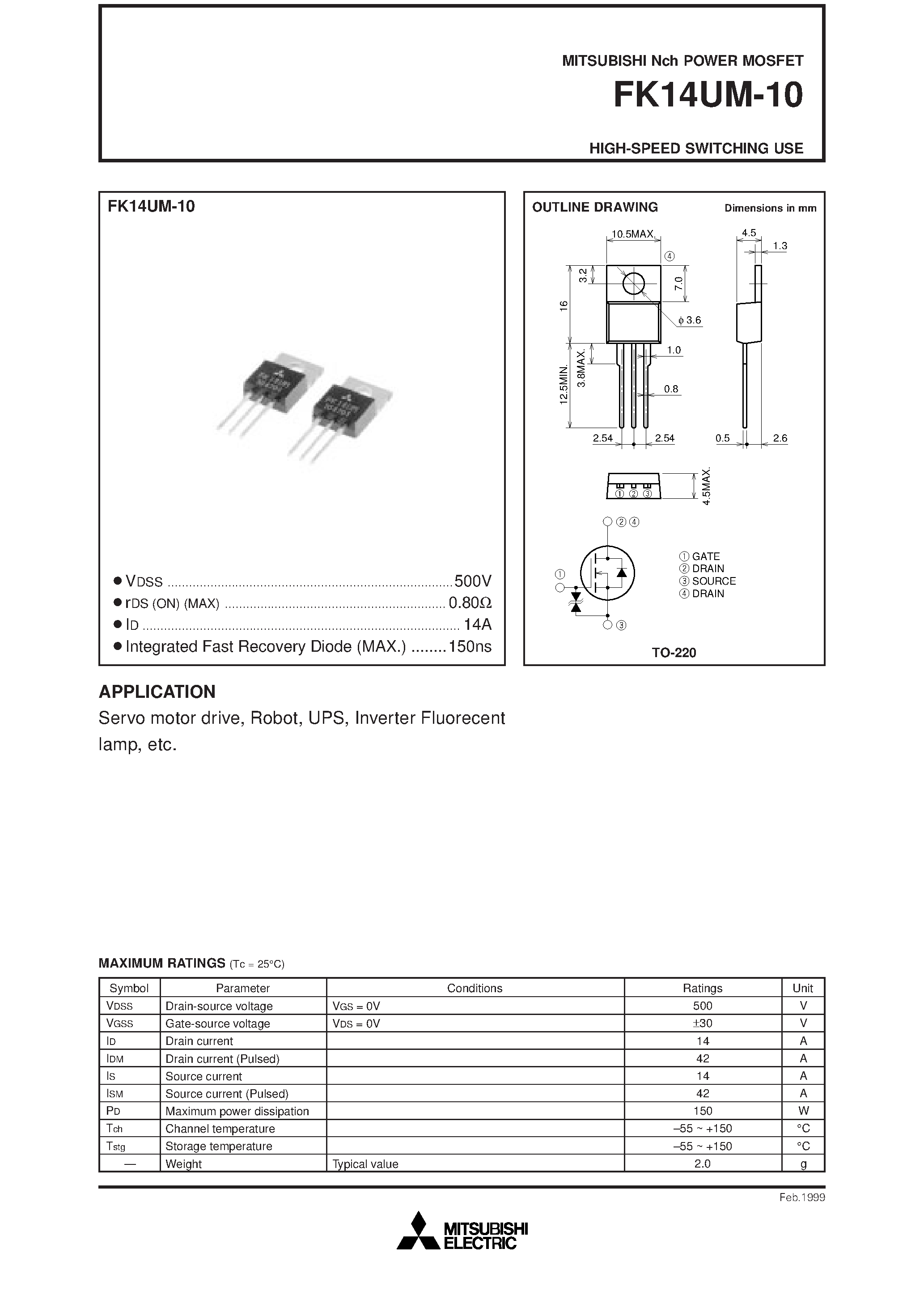 Даташит на микросхему FK14UM-10 страница 1 Даташит FK14UM-10 - HIGH-SPEED SWITCHING USE страница 1