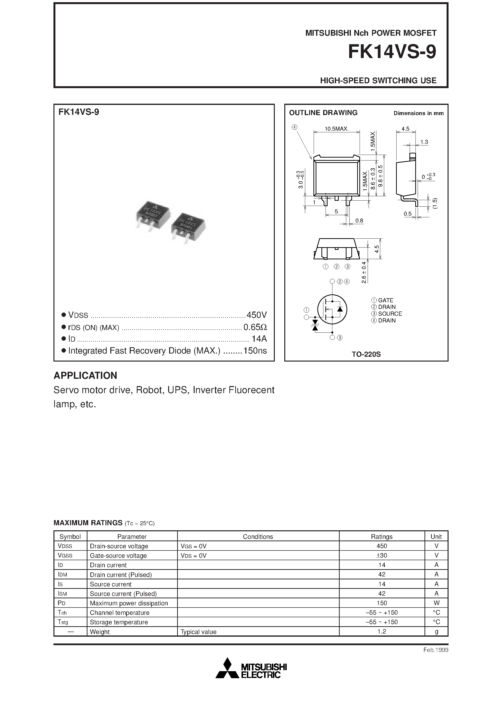 Datasheet FK14VS-9 - Nch POWER MOSFET HIGH-SPEED SWITCHING USE page 1