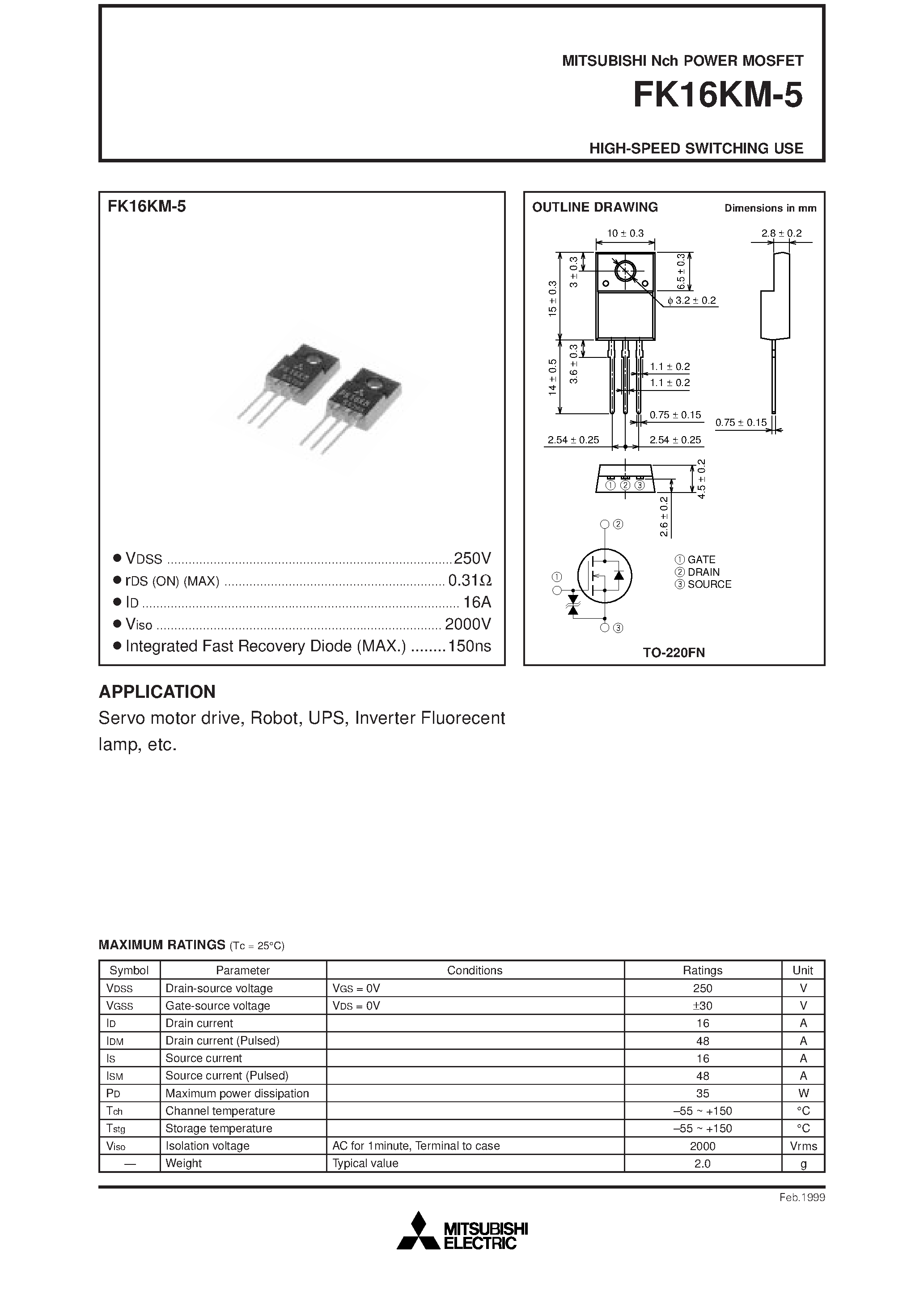 Datasheet FK16KM-5 - Nch POWER MOSFET HIGH-SPEED SWITCHING USE page 1