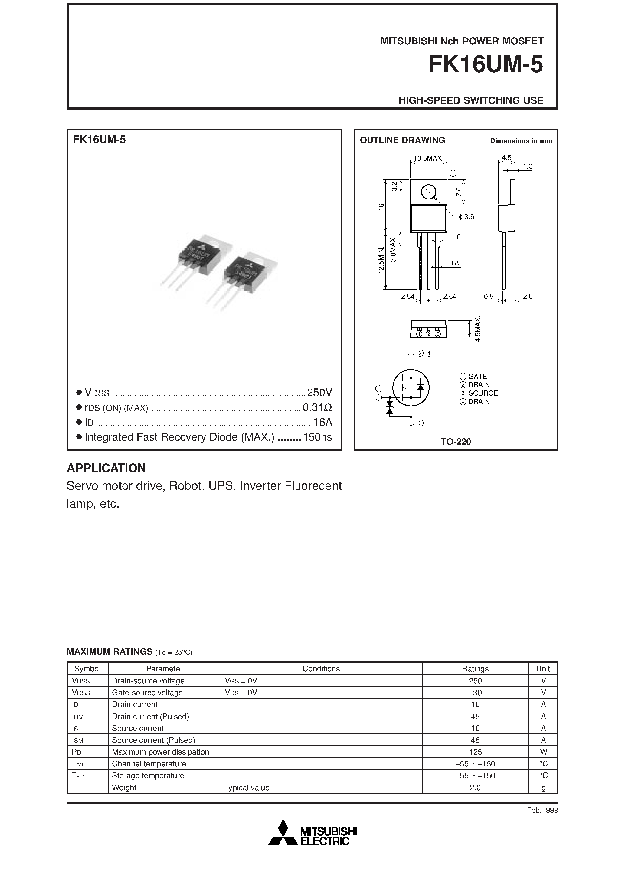 Datasheet FK16UM-5 - Nch POWER MOSFET HIGH-SPEED SWITCHING USE page 1