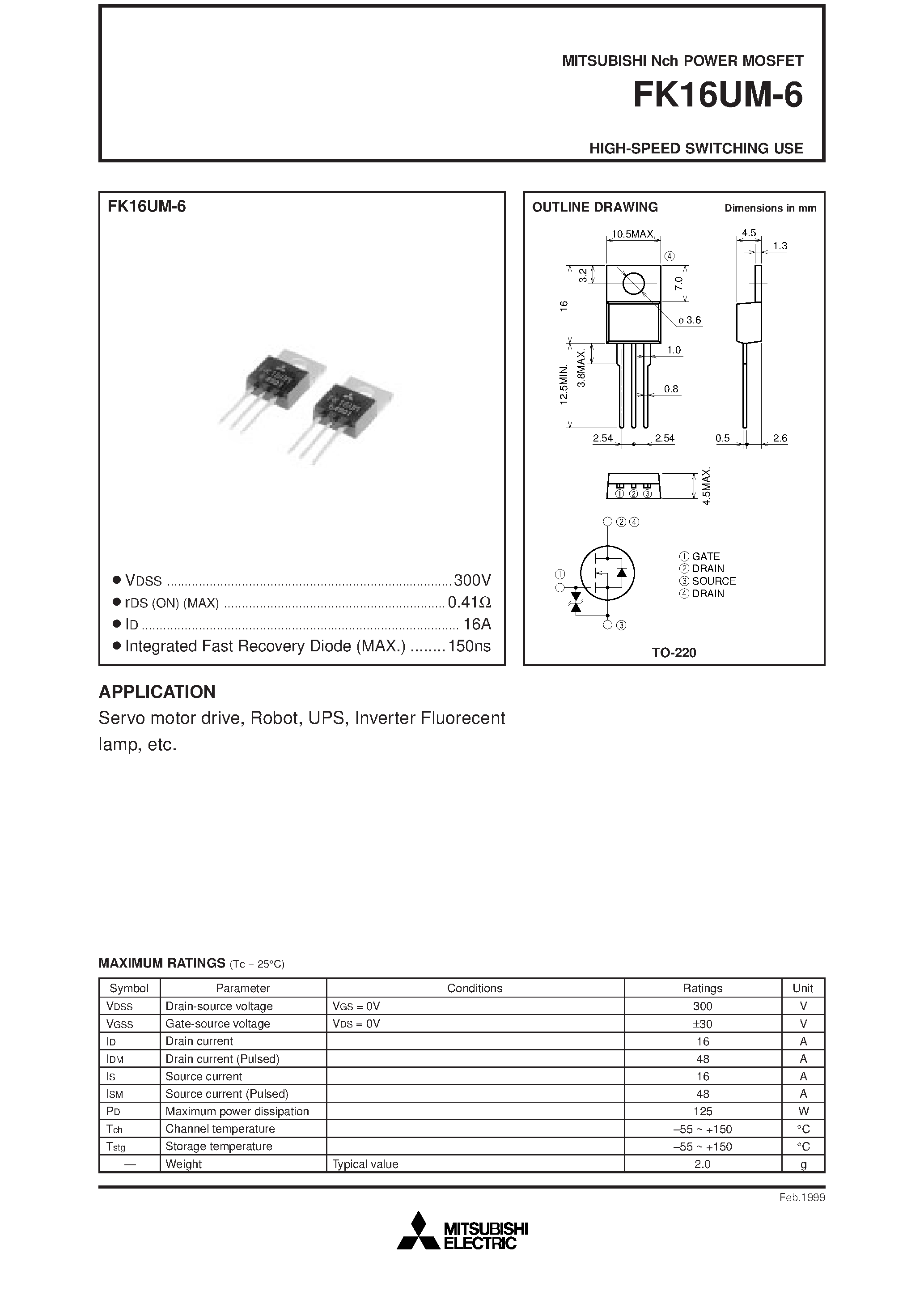 Даташит на микросхему FK16UM-6 страница 1 Даташит FK16UM-6 - Nch POWER MOSFET HIGH-SPEED SWITCHING USE страница 1