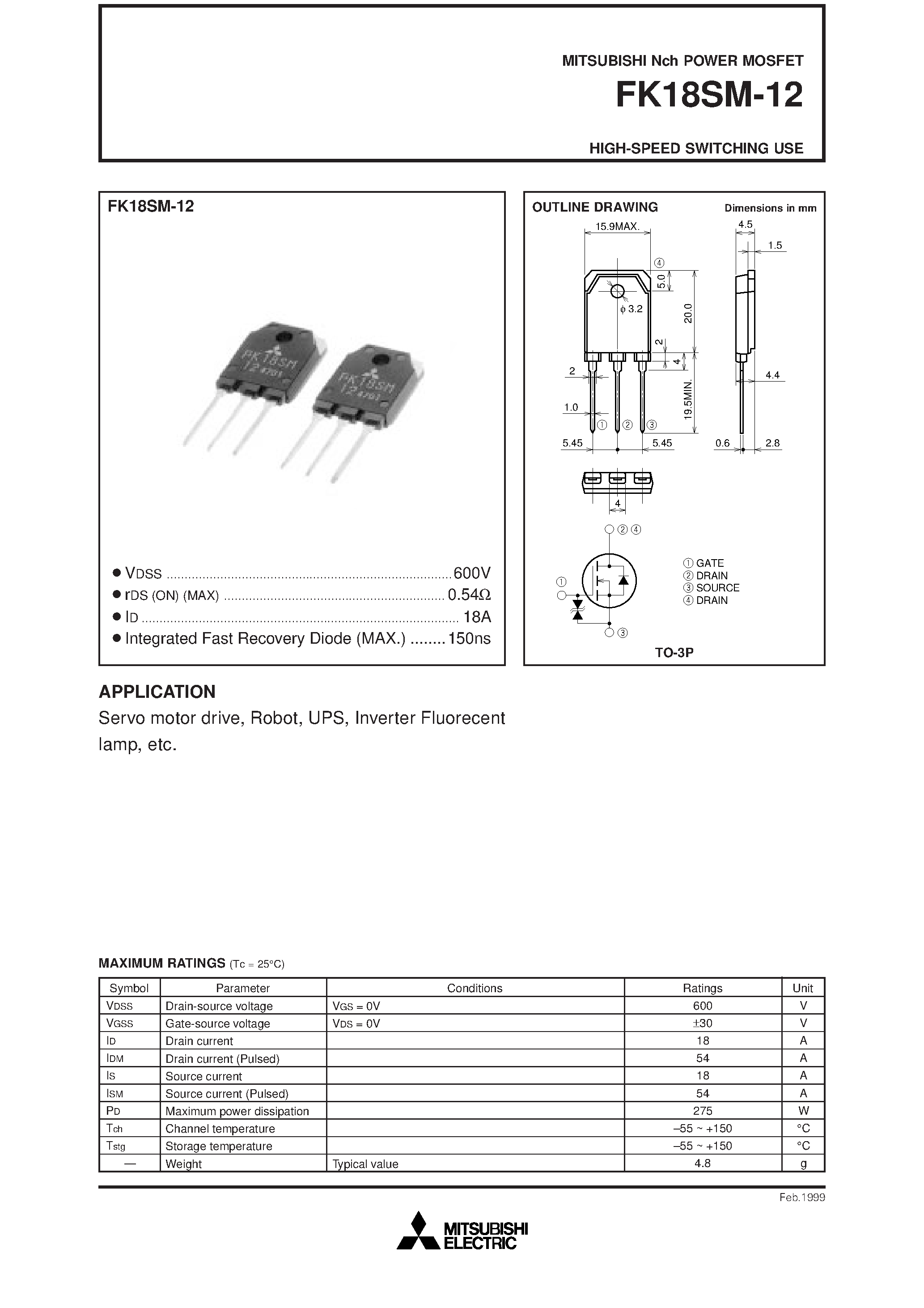 Даташит на микросхему FK18SM-12 страница 1 Даташит FK18SM-12 - Nch POWER MOSFET HIGH-SPEED SWITCHING USE страница 1