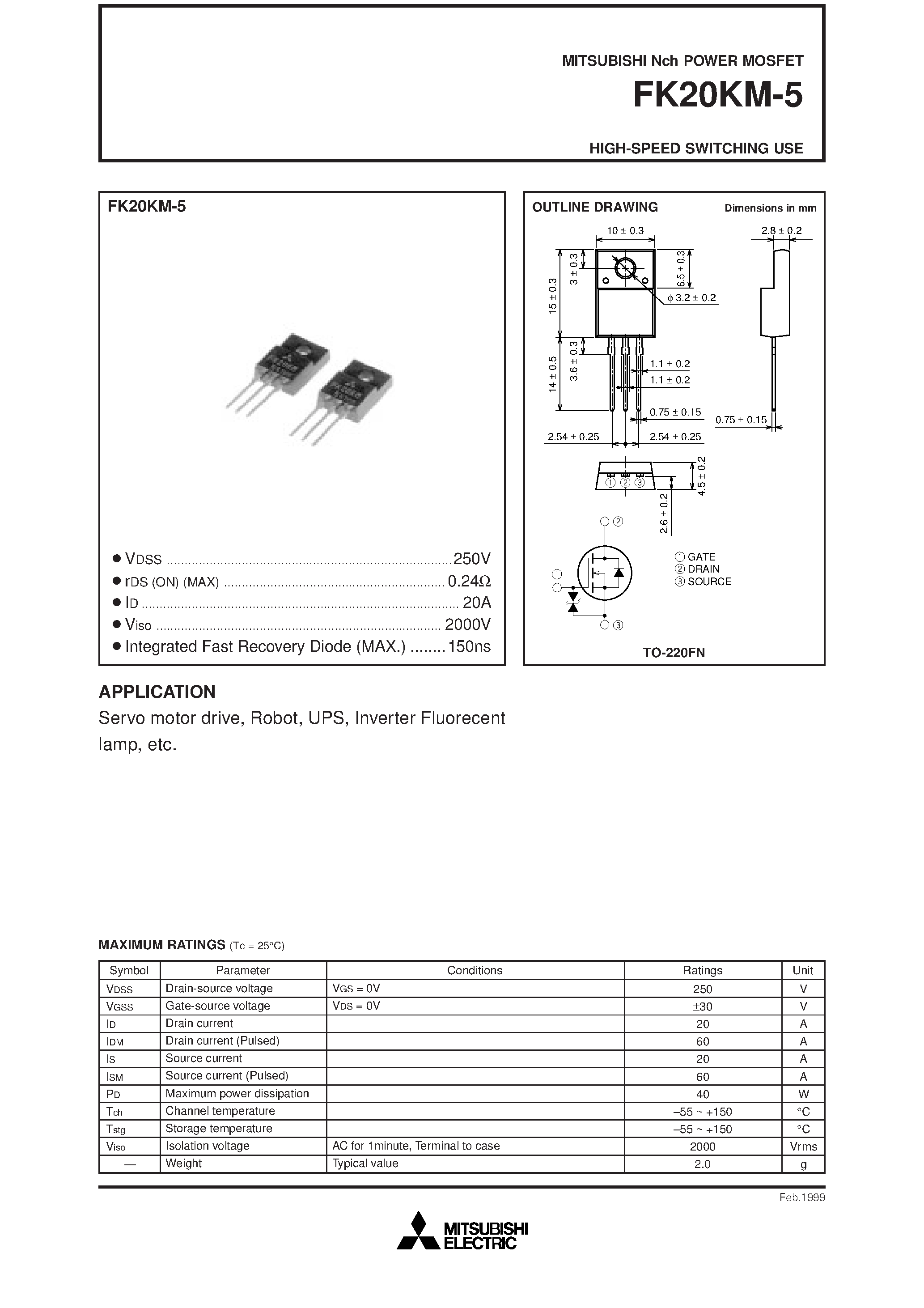 Datasheet FK20KM-5 - HIGH-SPEED SWITCHING USE page 1