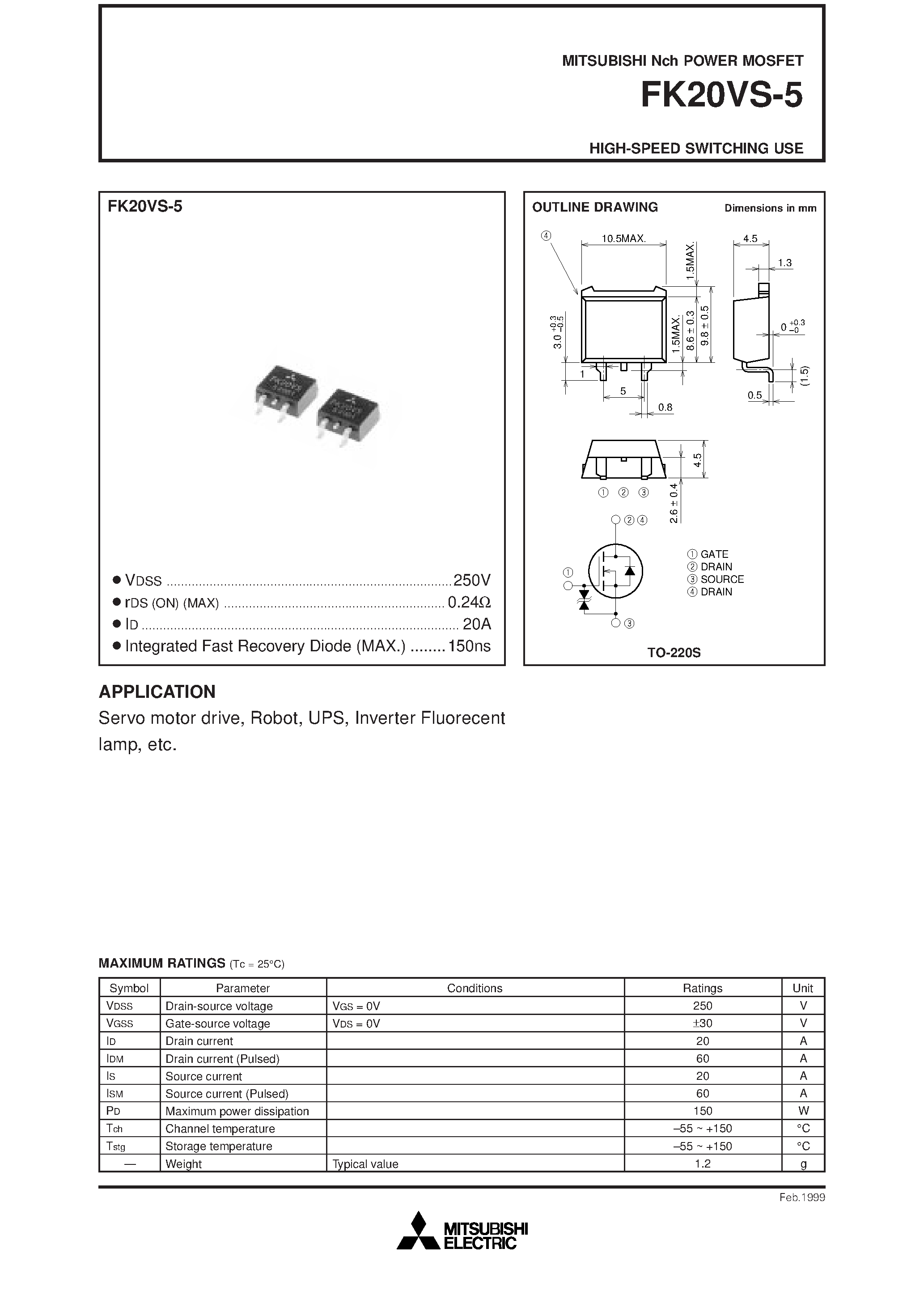 Datasheet FK20VS-5 - Nch POWER MOSFET HIGH-SPEED SWITCHING USE page 1