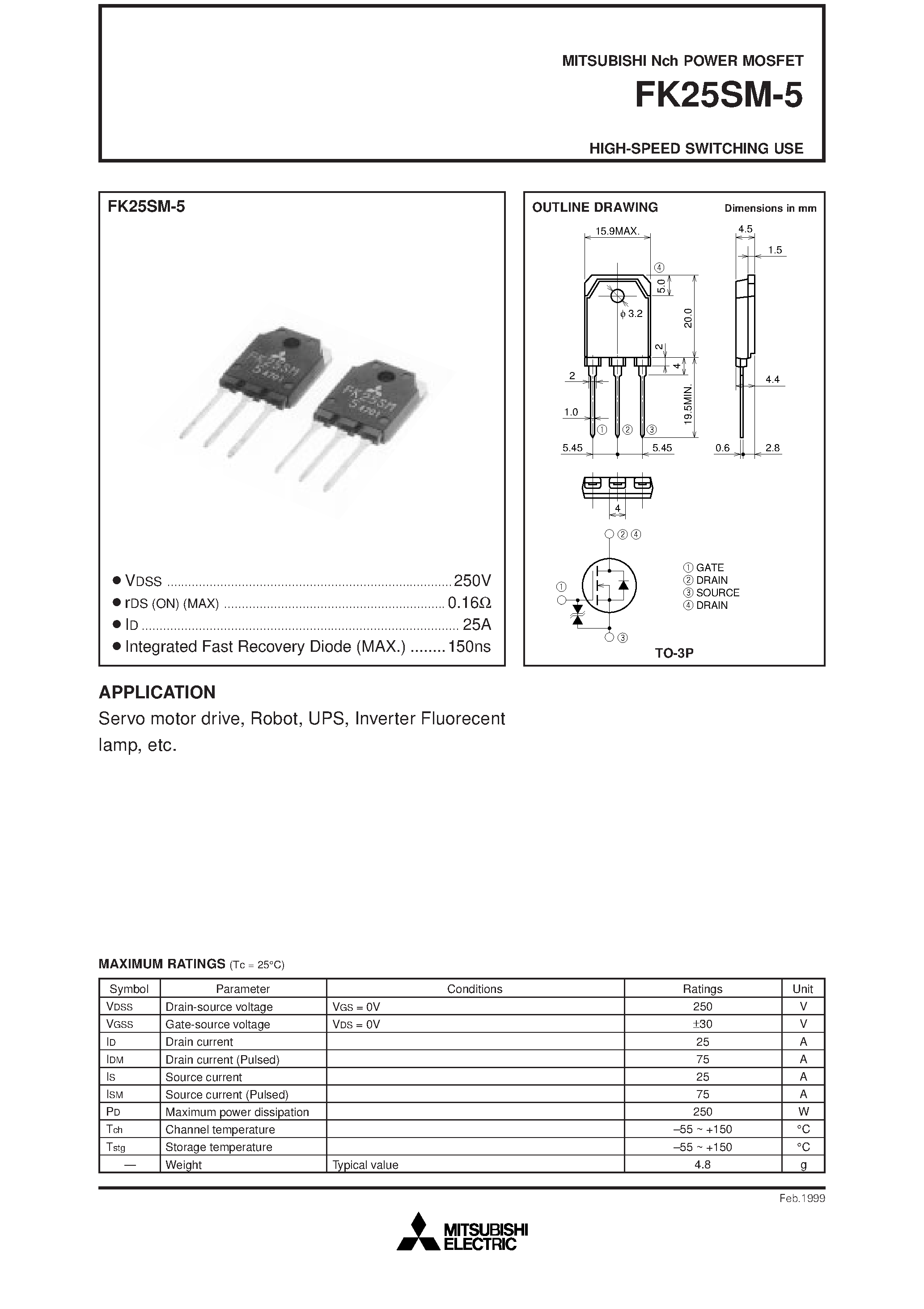 Datasheet FK25SM-5 - HIGH-SPEED SWITCHING USE page 1