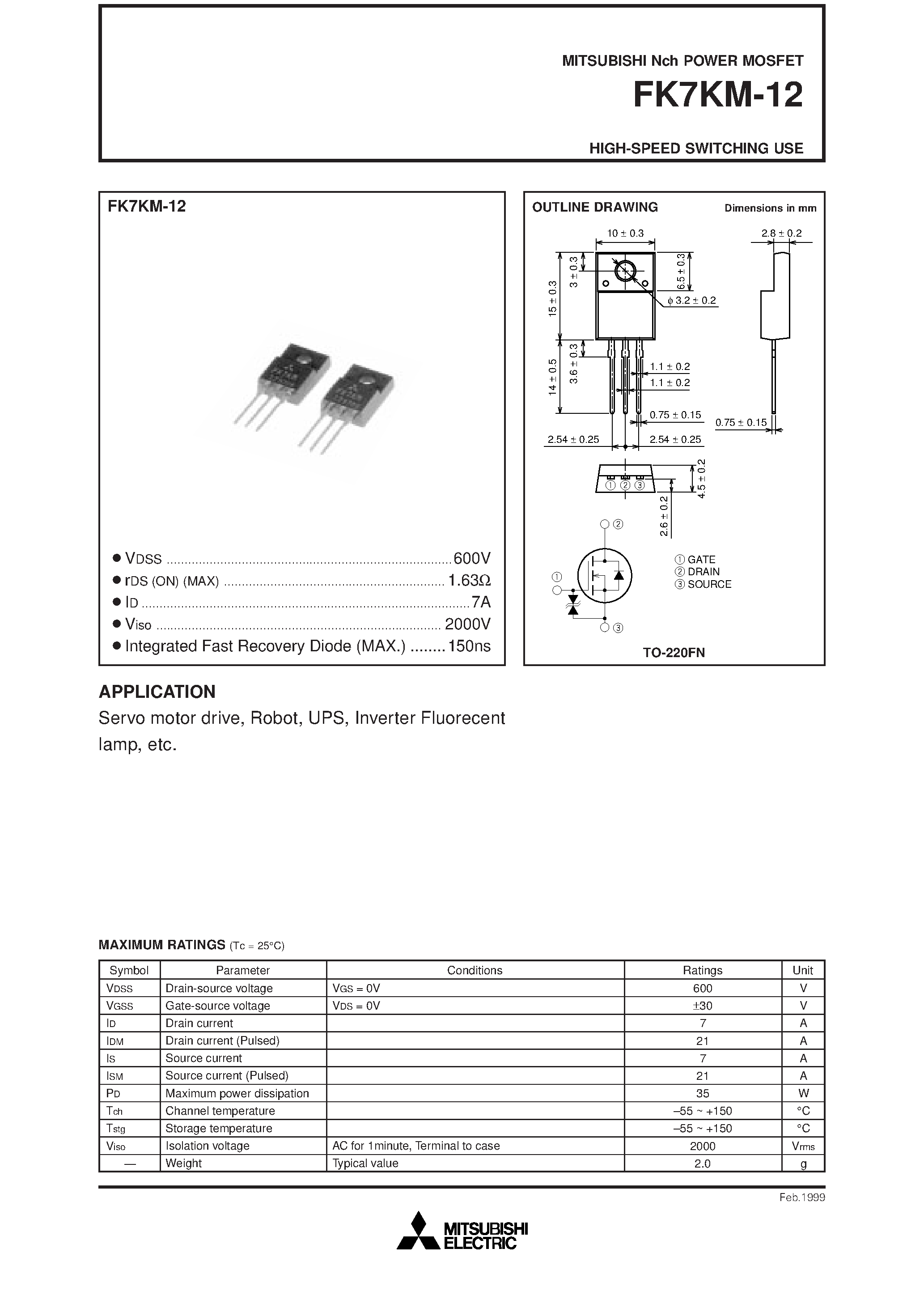 Даташит на микросхему FK7KM-12 страница 1 Даташит FK7KM-12 - Nch POWER MOSFET HIGH-SPEED SWITCHING USE страница 1
