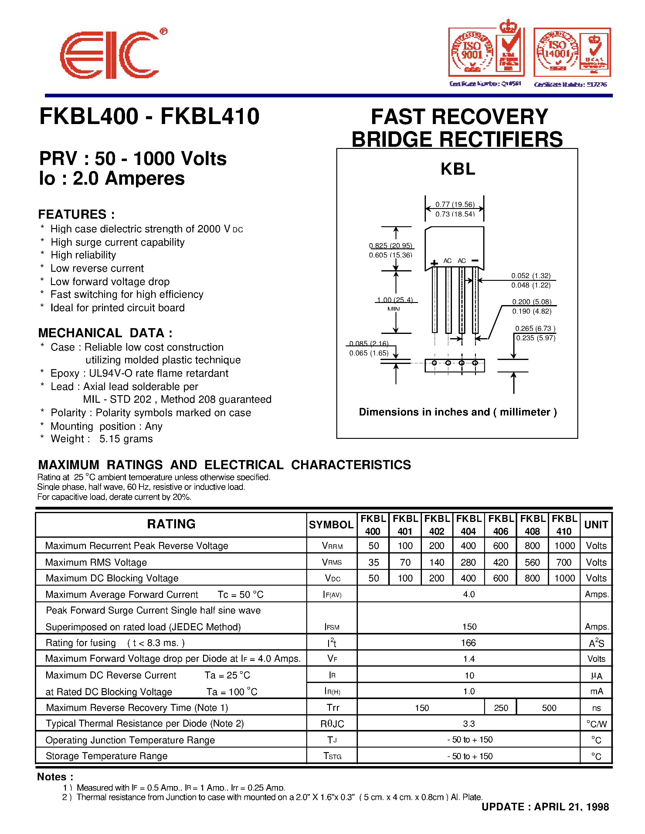 Datasheet FKBL406 page 1 Datasheet FKBL406 - FAST RECOVERY BRIDGE RECTIFIERS page 1