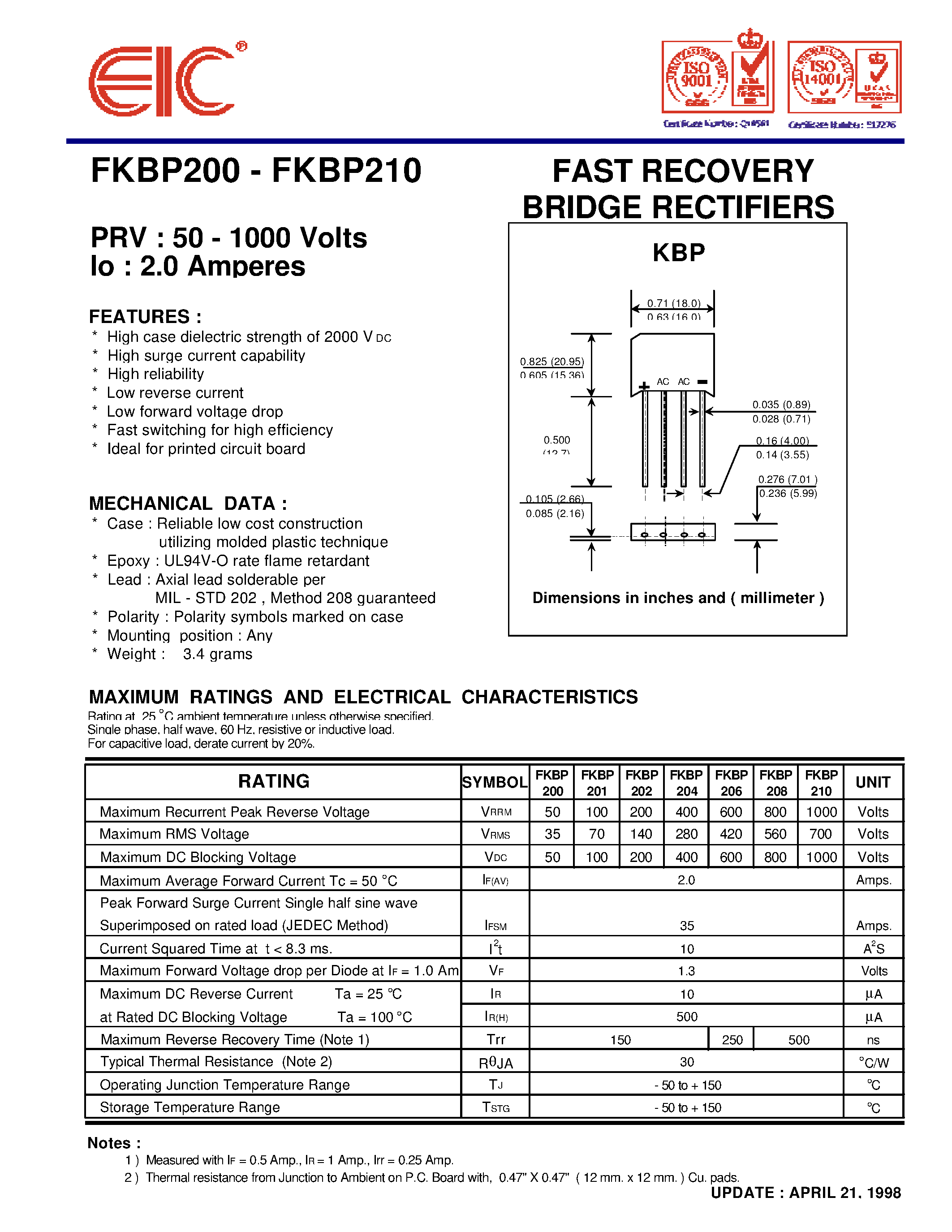 Datasheet FKBP210 page 1 Datasheet FKBP210 - FAST RECOVERY BRIDGE RECTIFIERS page 1