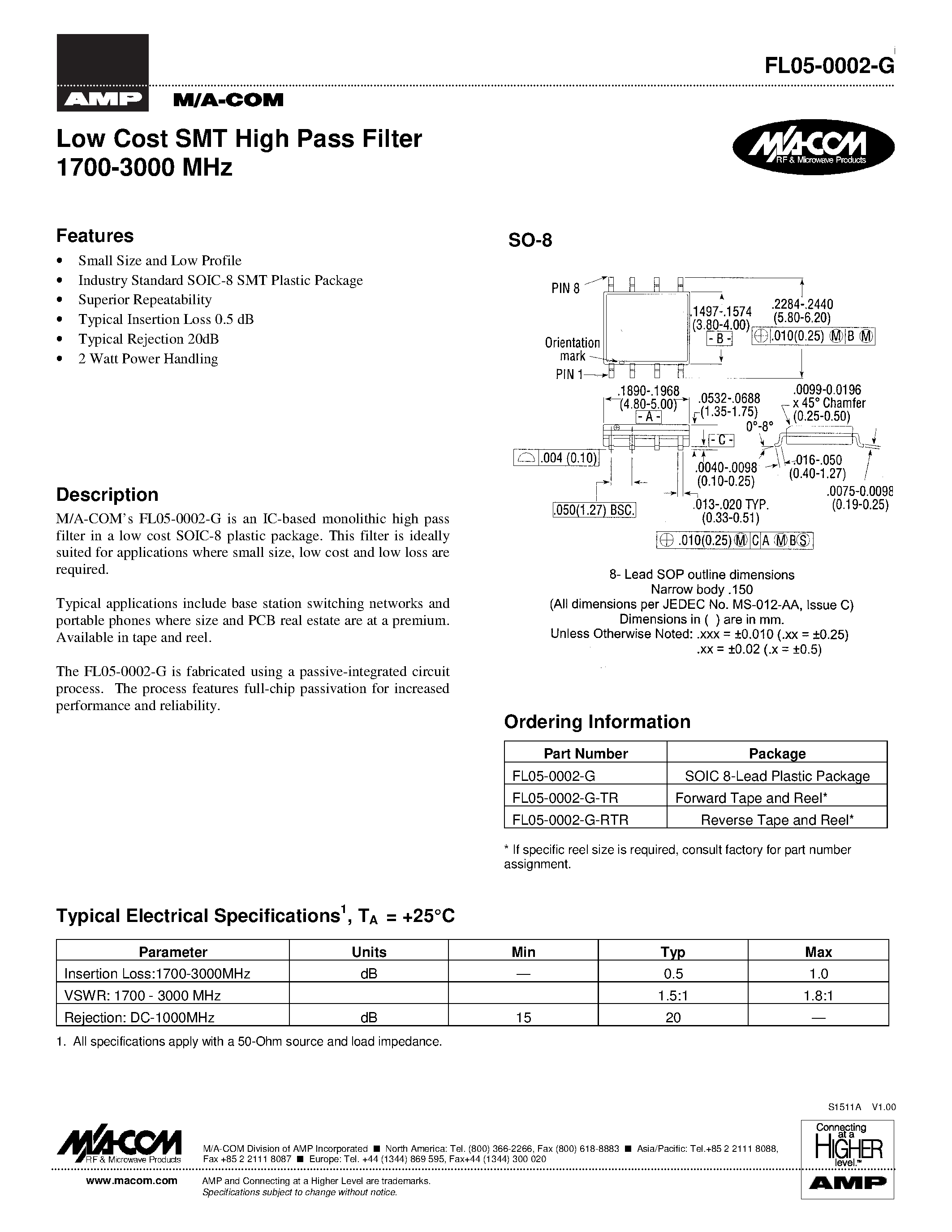 Даташит FL05-0002-G-RTR - Low Cost SMT High Pass Filter 1700-3000 MHz страница 1