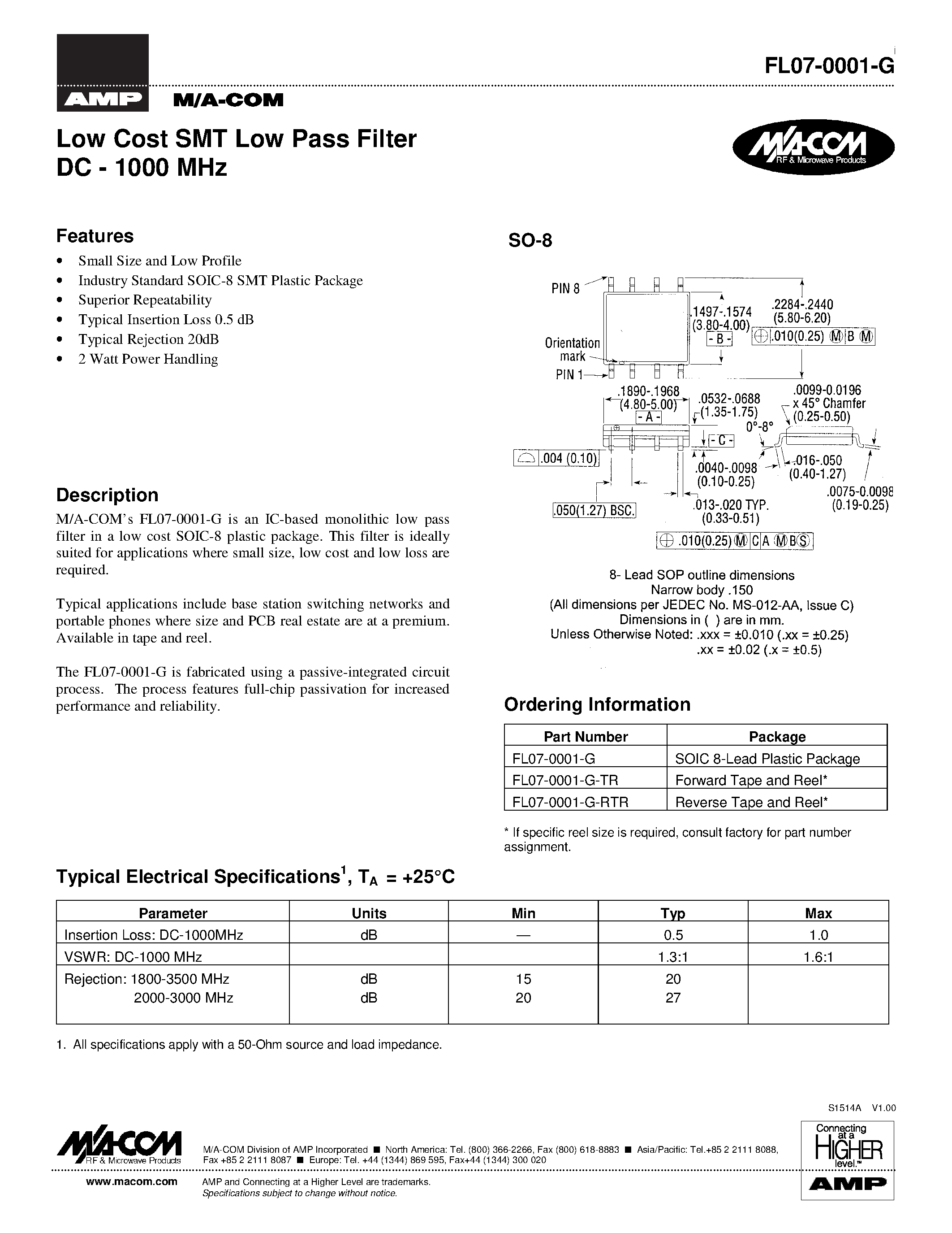 Даташит FL07-0001-G-TR - Low Cost SMT Low Pass Filter DC - 1000 MHz страница 1