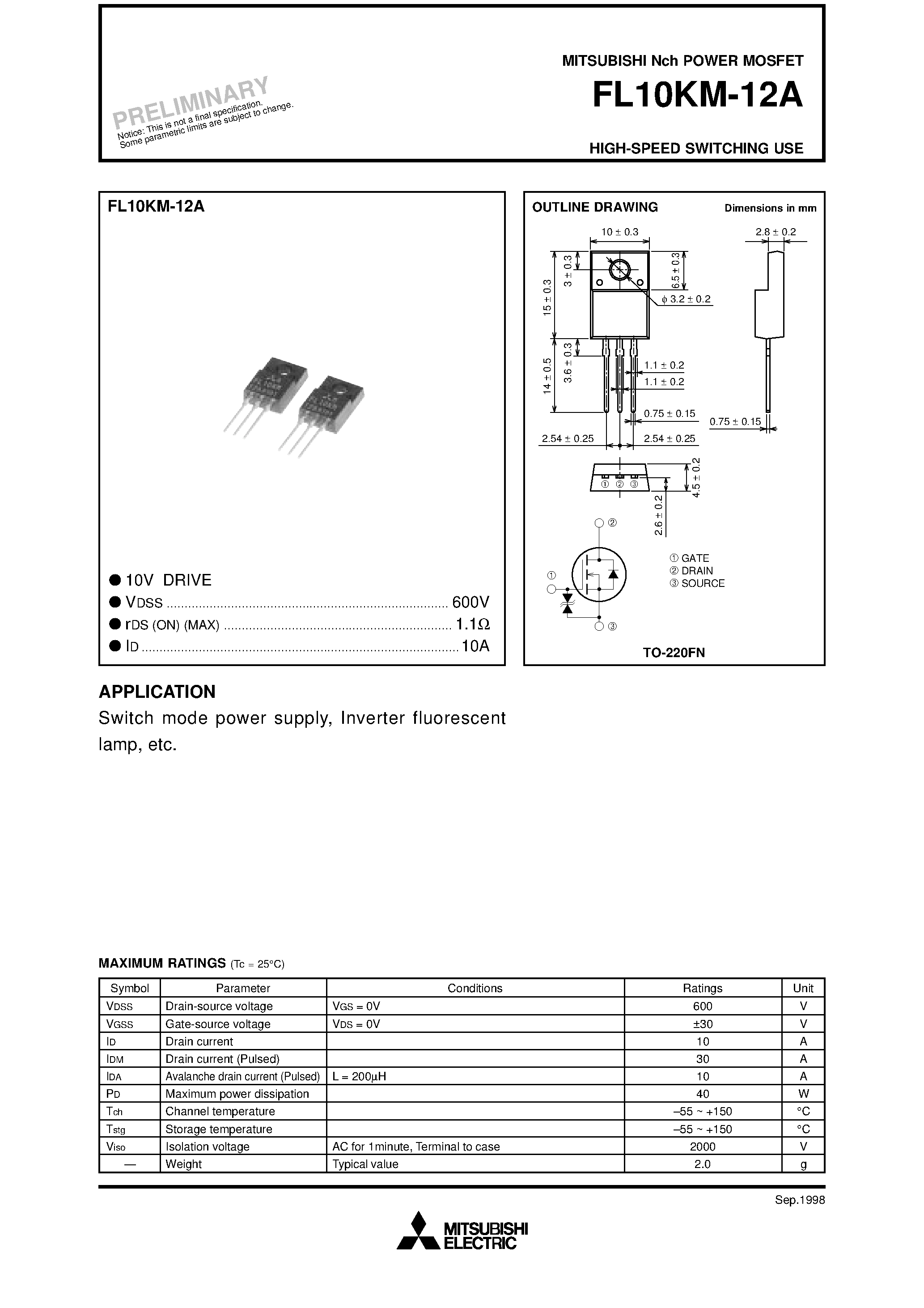 Даташит на микросхему FL10KM-12A страница 1 Даташит FL10KM-12A - Nch POWER MOSFET HIGH-SPEED SWITCHING USE страница 1