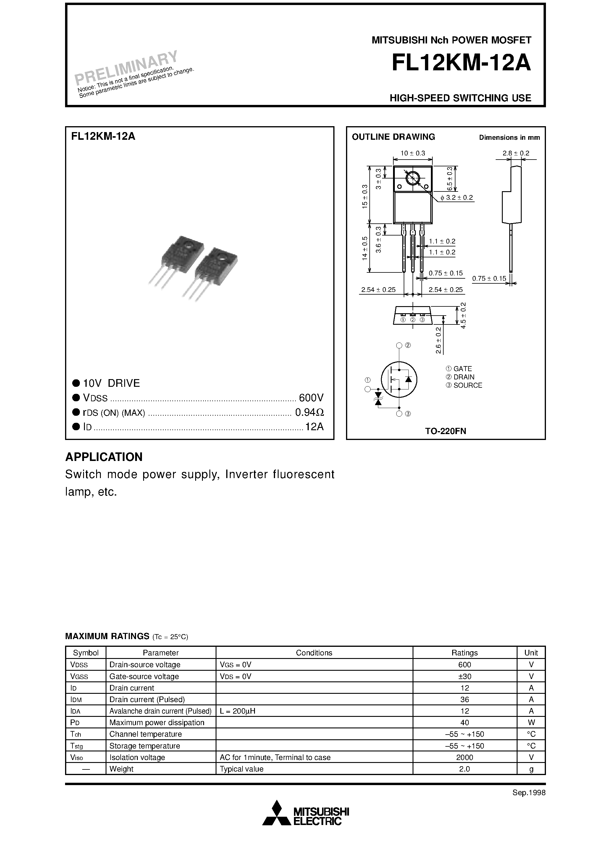 Даташит на микросхему FL12KM-12A страница 1 Даташит FL12KM-12A - Nch POWER MOSFET HIGH-SPEED SWITCHING USE страница 1