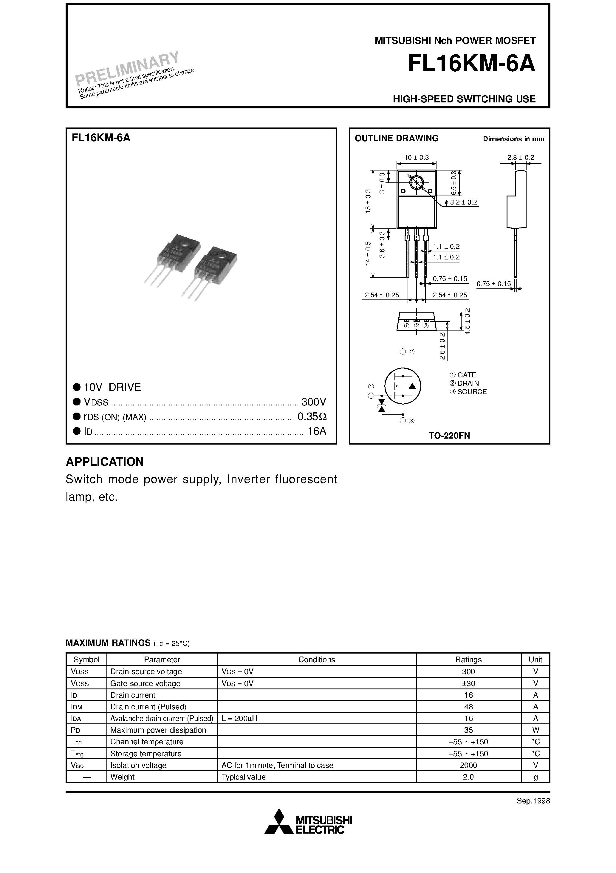 Даташит на микросхему FL16KM-6A страница 1 Даташит FL16KM-6A - Nch POWER MOSFET HIGH-SPEED SWITCHING USE страница 1