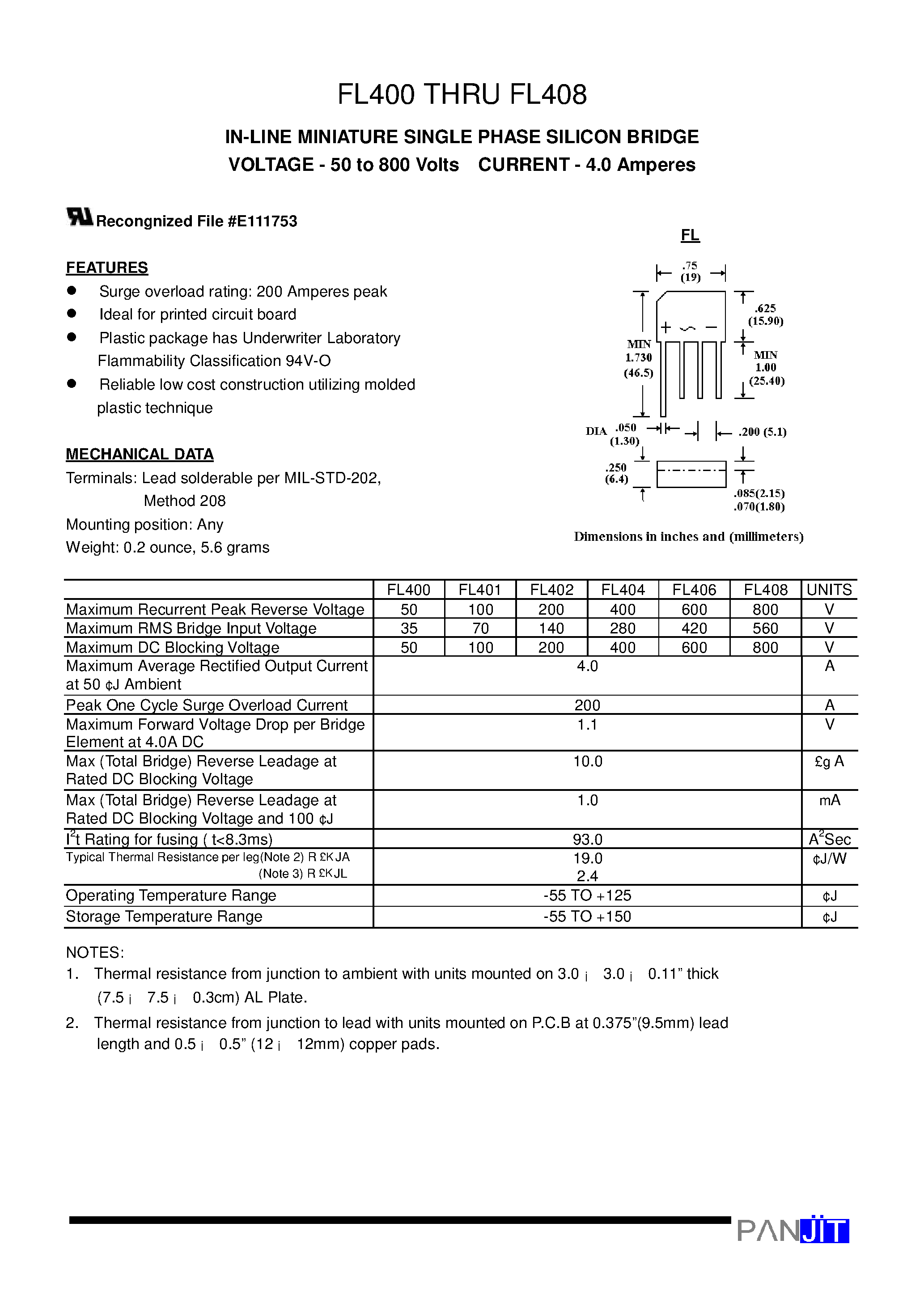 Datasheet FL406 - IN-LINE MINIATURE SINGLE PHASE SILICON BRIDGE(VOLTAGE - 50 to 800 Volts CURRENT - 4.0 Amperes) page 1