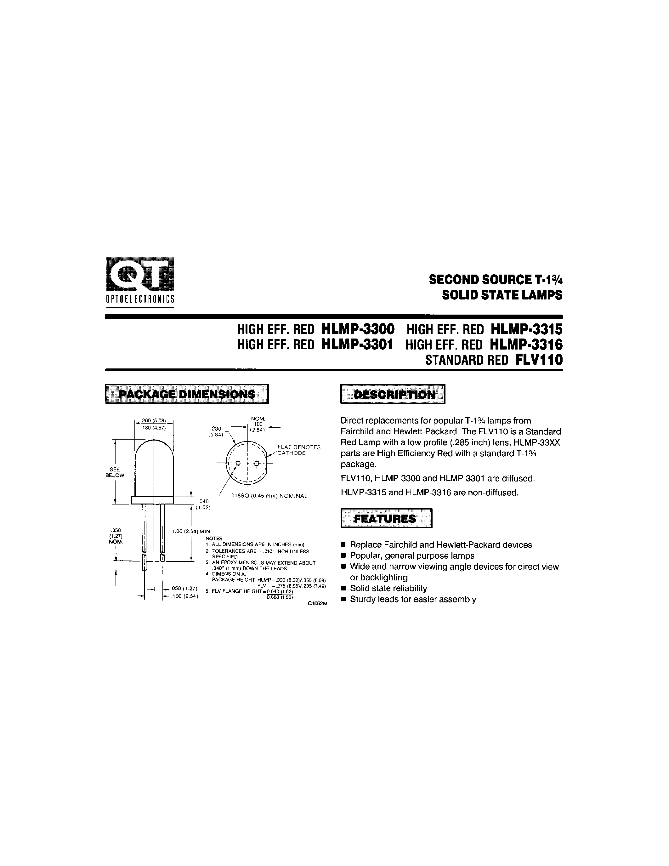 Datasheet FLV110 - SECOND SOURCE T-1 3/4 SOLID STATE LAMPS page 1