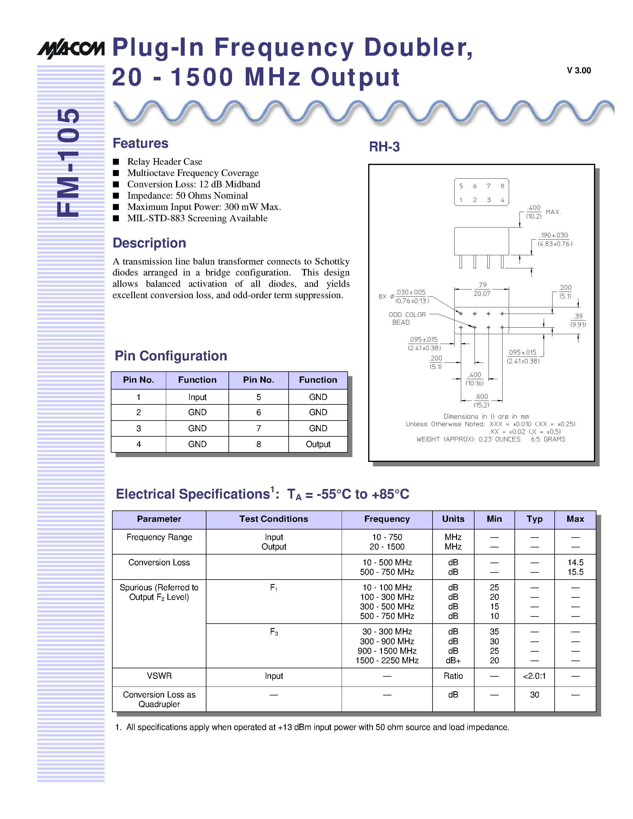 Datasheet FM-105 - Plug-In Frequency Doubler/ 20 - 1500 MHz Output page 1