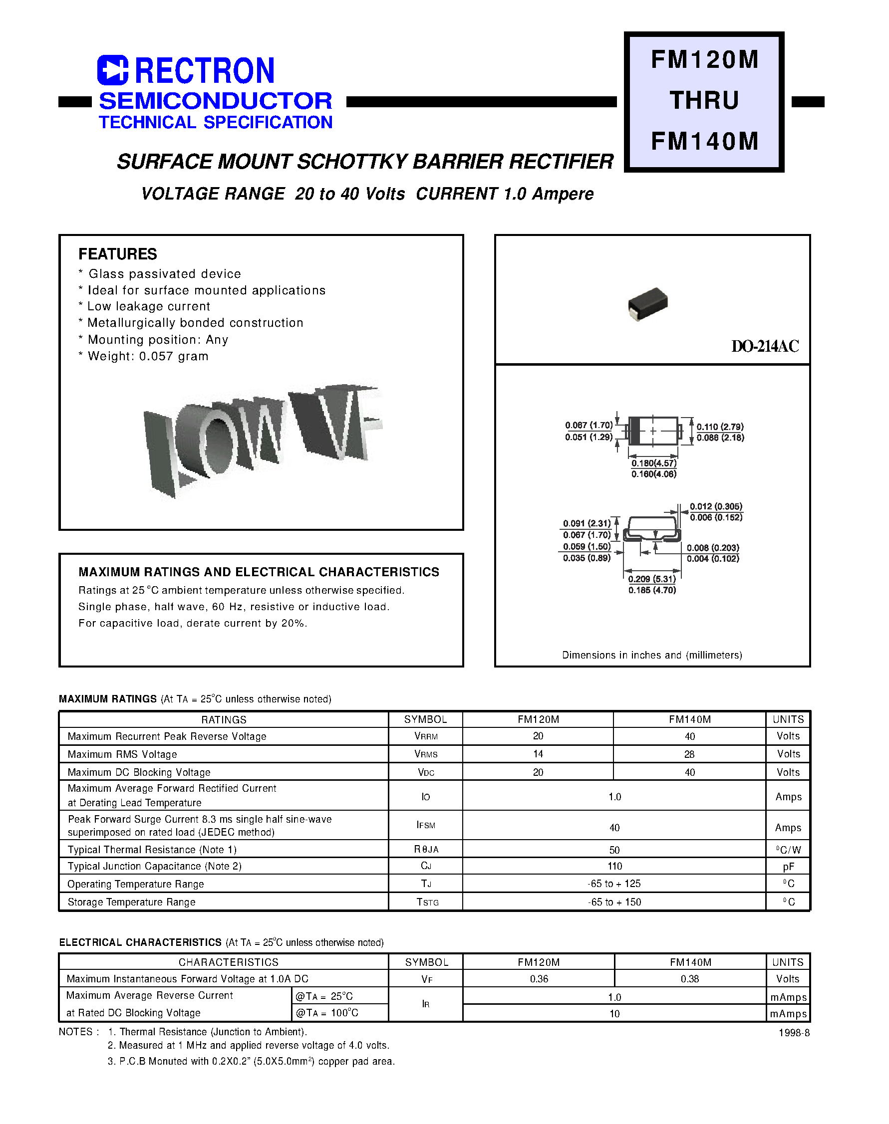 Даташит FM120M-SURFACE MOUNT SCHOTTKY BARRIER RECTIFIER (VOLTAGE RANGE 20 to 40 Volts CURRENT 1.0 Ampere) страница 1