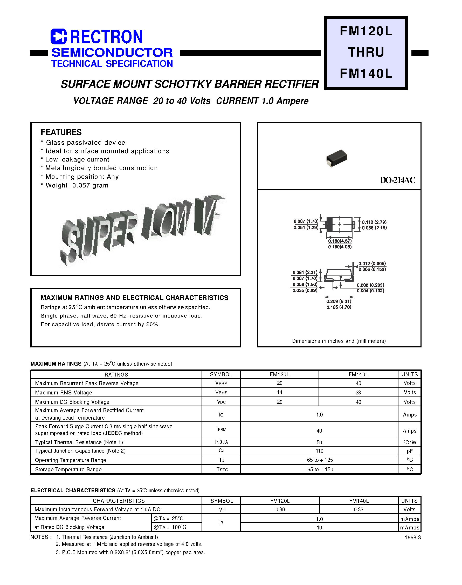 Datasheet FM140L page 1 Datasheet FM140L - SURFACE MOUNT SCHOTTKY BARRIER RECTIFIER (VOLTAGE RANGE 20 to 40 Volts CURRENT 1.0 Ampere) page 1