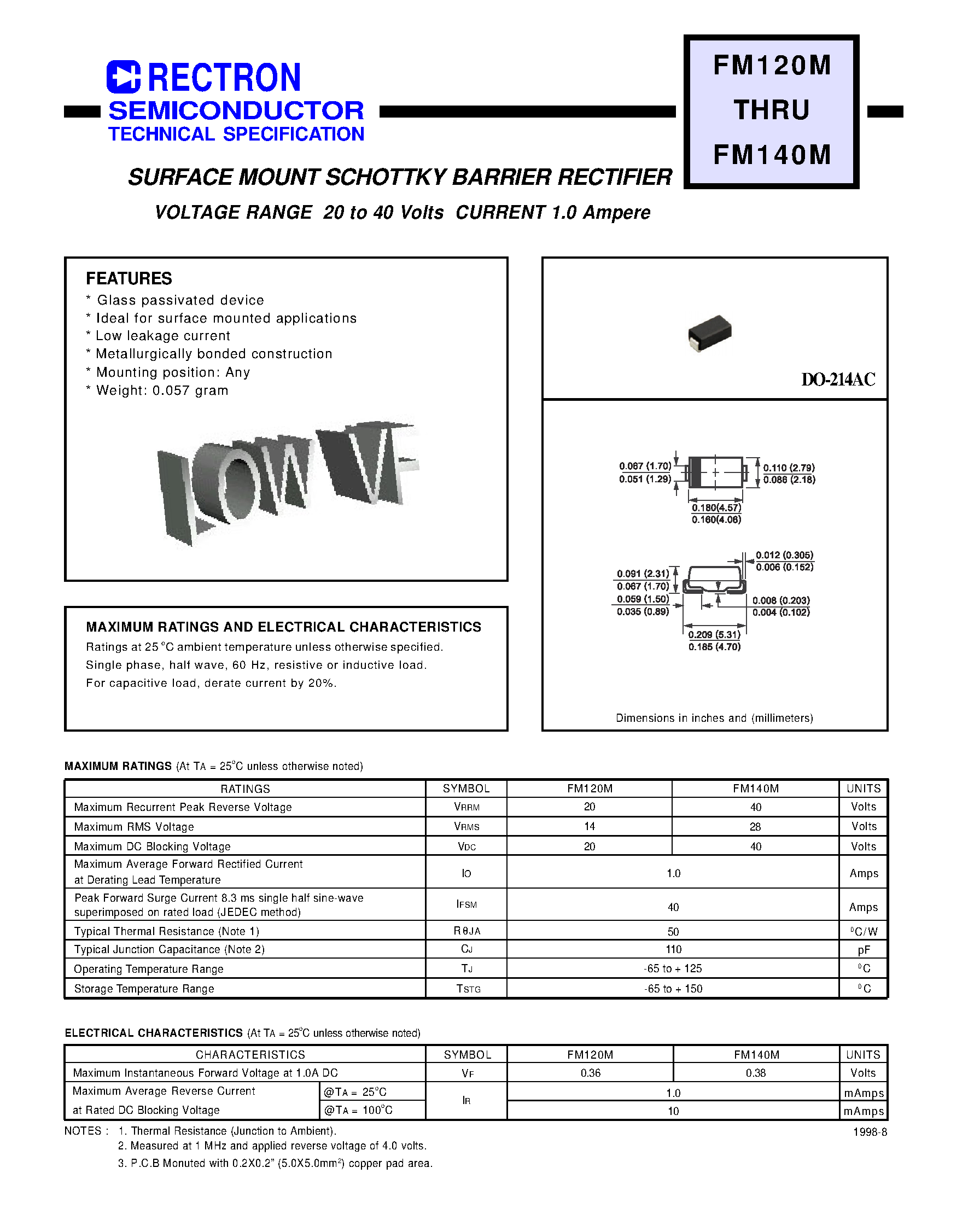 Даташит на микросхему FM140M страница 1 Даташит FM140M - SURFACE MOUNT SCHOTTKY BARRIER RECTIFIER (VOLTAGE RANGE 20 to 40 Volts CURRENT 1.0 Ampere) страница 1