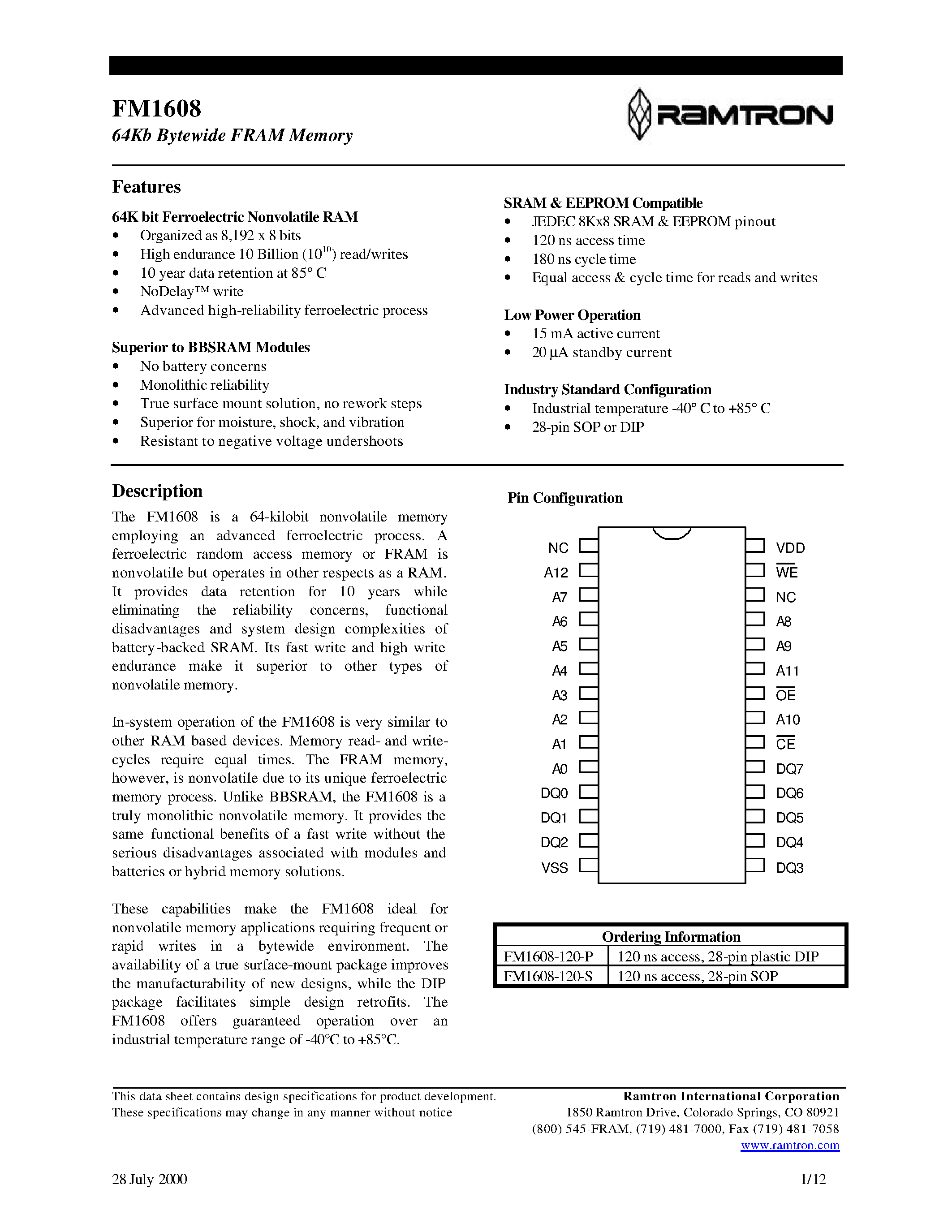 Datasheet FM1608-120-P page 1 Datasheet FM1608-120-P - 64Kb Bytewide FRAM Memory page 1