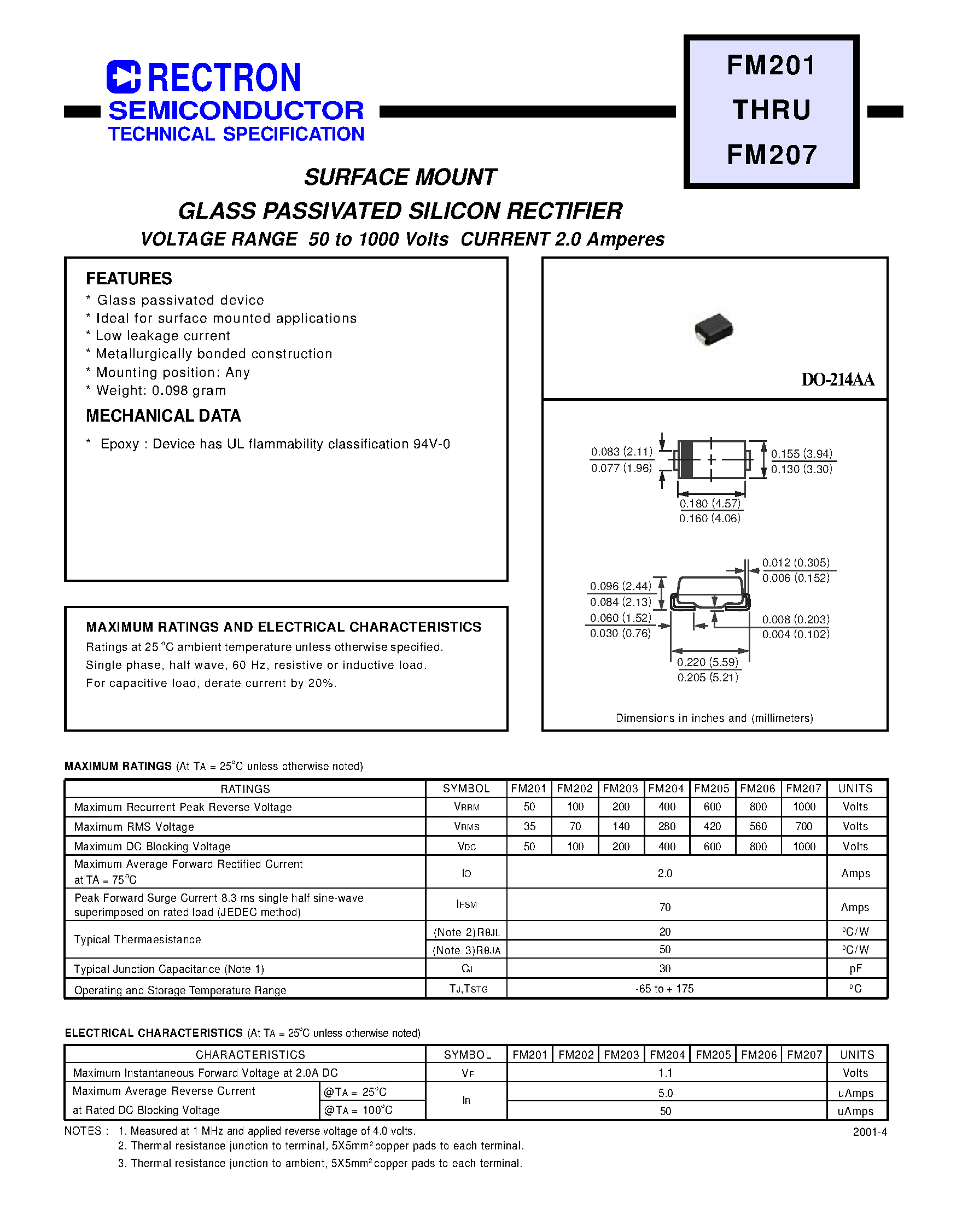 Datasheet FM205 - SURFACE MOUNT GLASS PASSIVATED SILICON RECTIFIER (VOLTAGE RANGE 50 to 1000 Volts CURRENT 2.0 Amperes) page 1