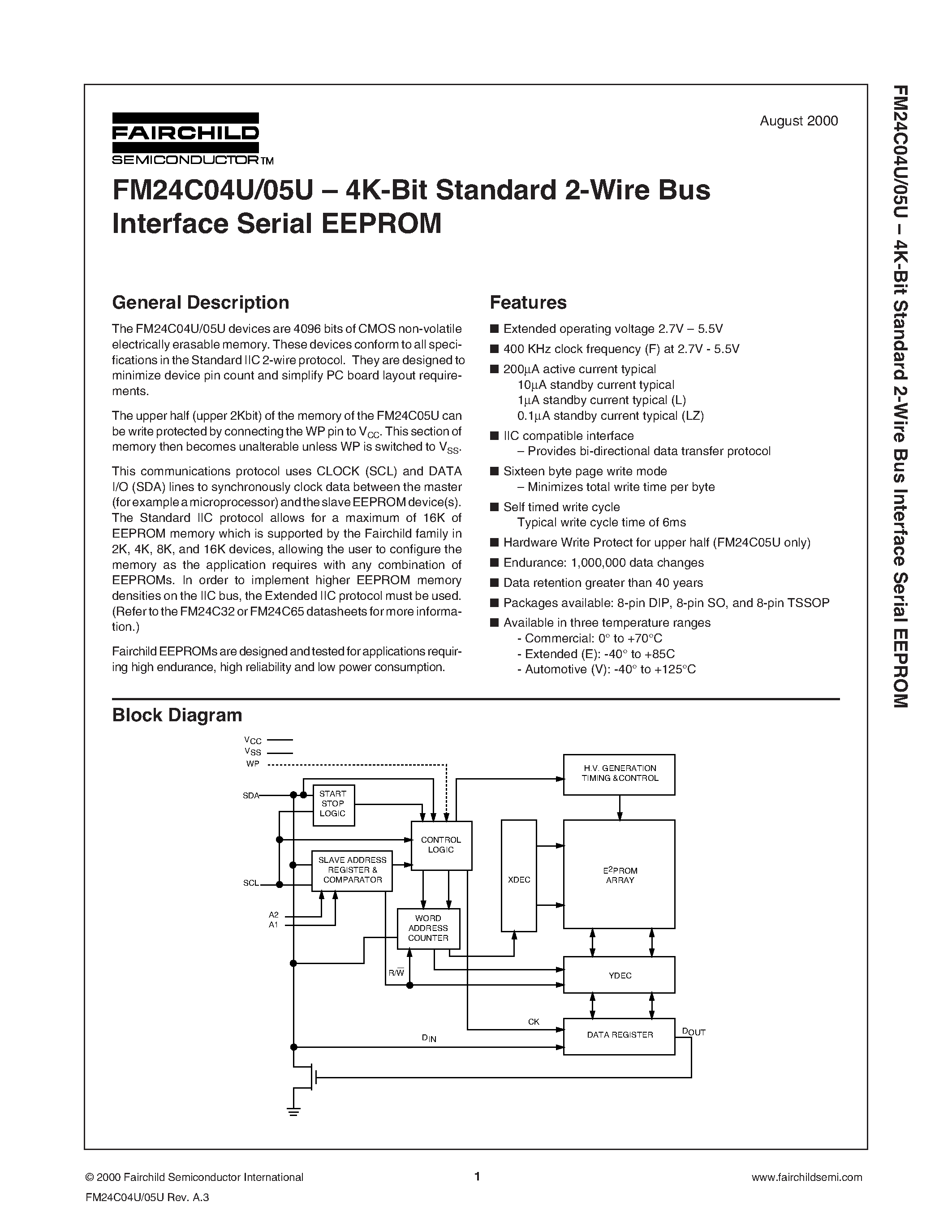 Datasheet FM24C04ULZ - 4K-Bit Standard 2-Wire Bus Interface Serial EEPROM page 1